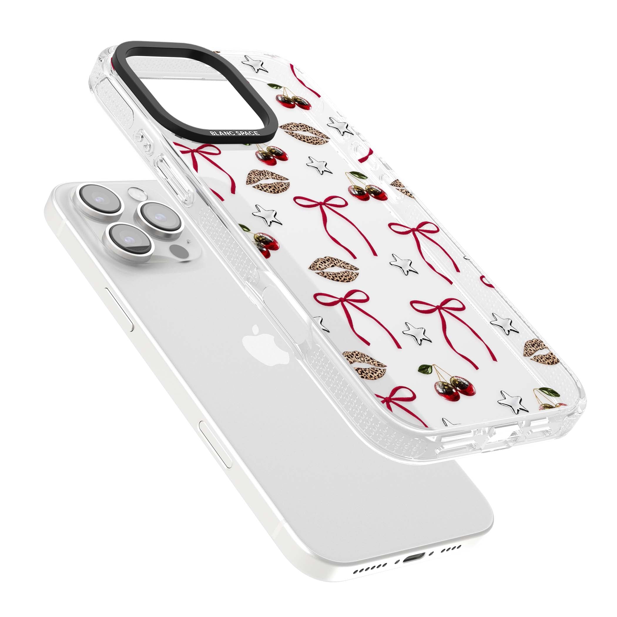 Starlet coquette iPhone case featuring red ribbon bows, disco cherries and leopard-print lips | Clear Case Impact Air case for iPhone 16 Pro, iPhone 16 Pro Max