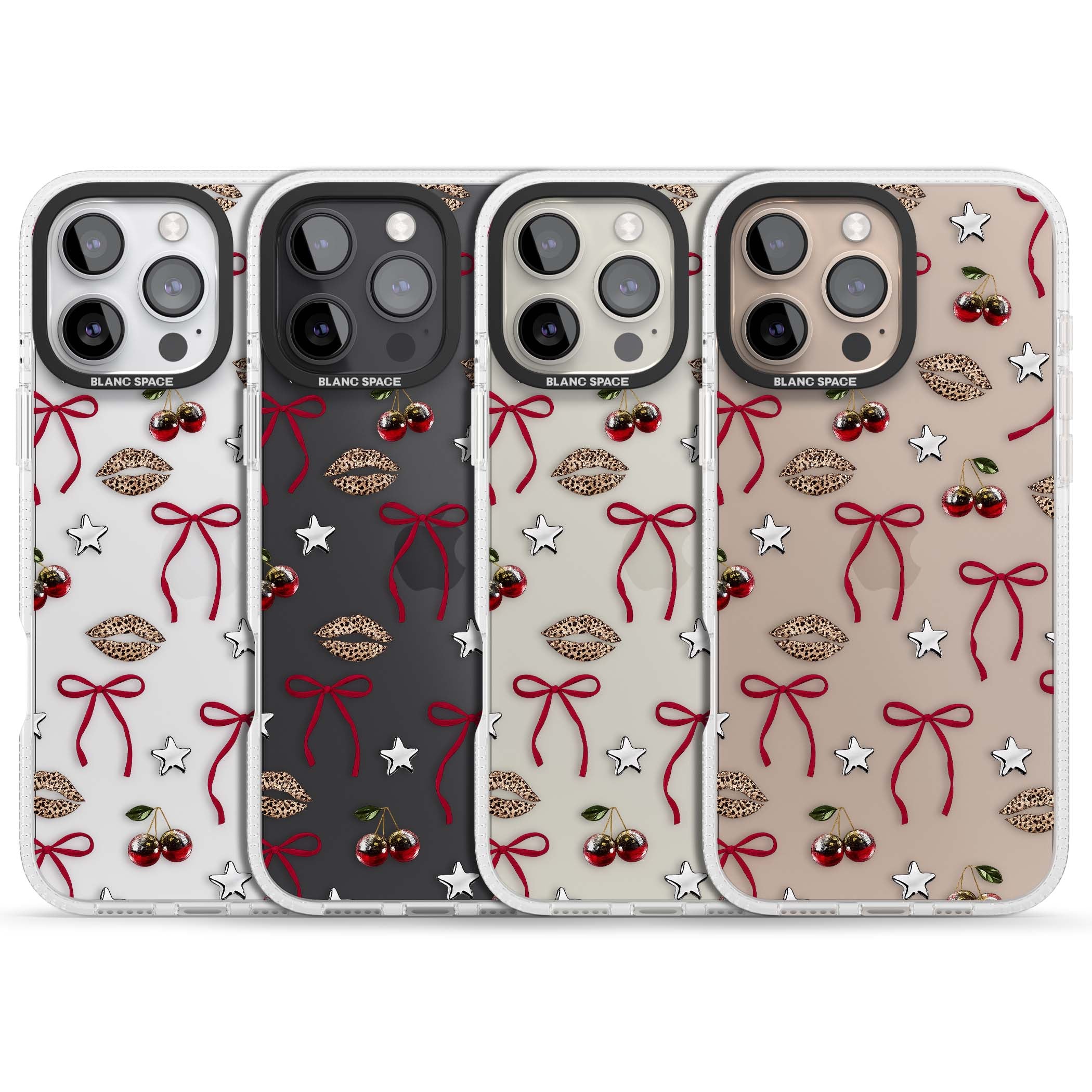 Starlet coquette iPhone case featuring red ribbon bows, disco cherries and leopard-print lips | Clear Case Impact Air case for iPhone 16 Pro, iPhone 16 Pro Max