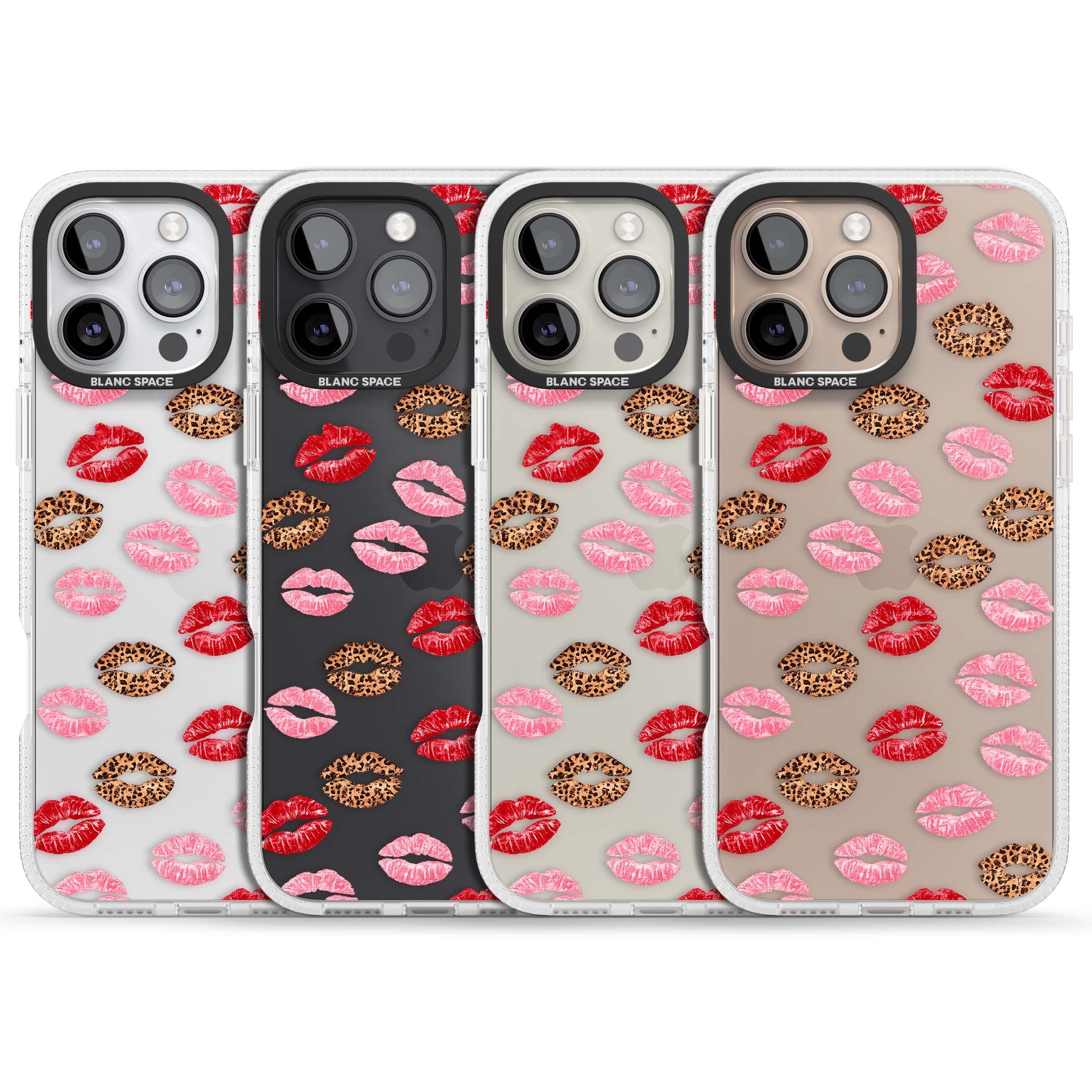 Wild Kisses coquette iPhone case featuring red, pink and leopard print lipstick kiss marks on a clear background | Clear Case Impact Air case for iPhone 16 Pro, iPhone 16 Pro Max