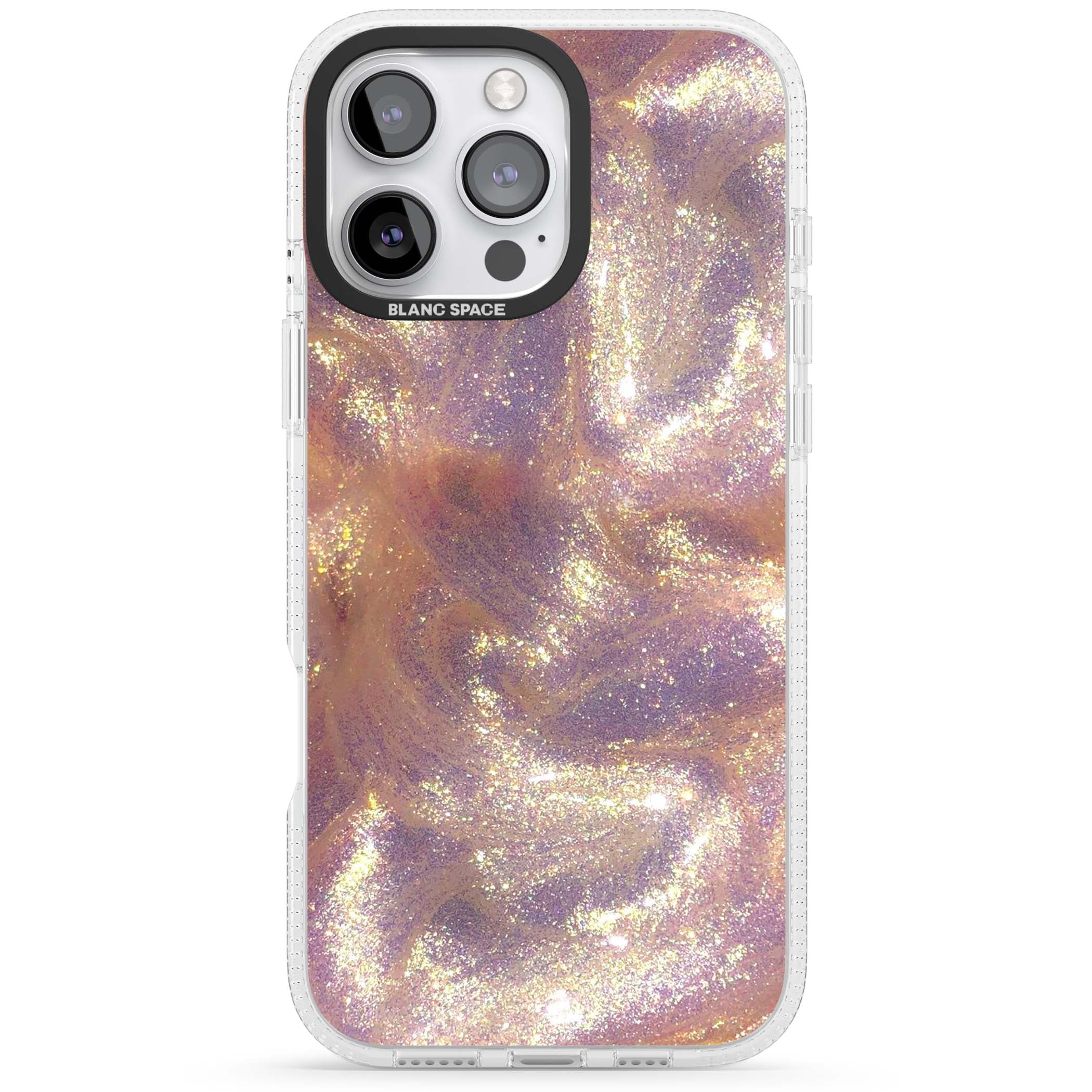 Shimmer marble iPhone case featuring rose gold glitter swirls, lilac shimmer and iridescent pearl finish | Clear Case Impact Air case for iPhone 16 Pro, iPhone 16 Pro Max