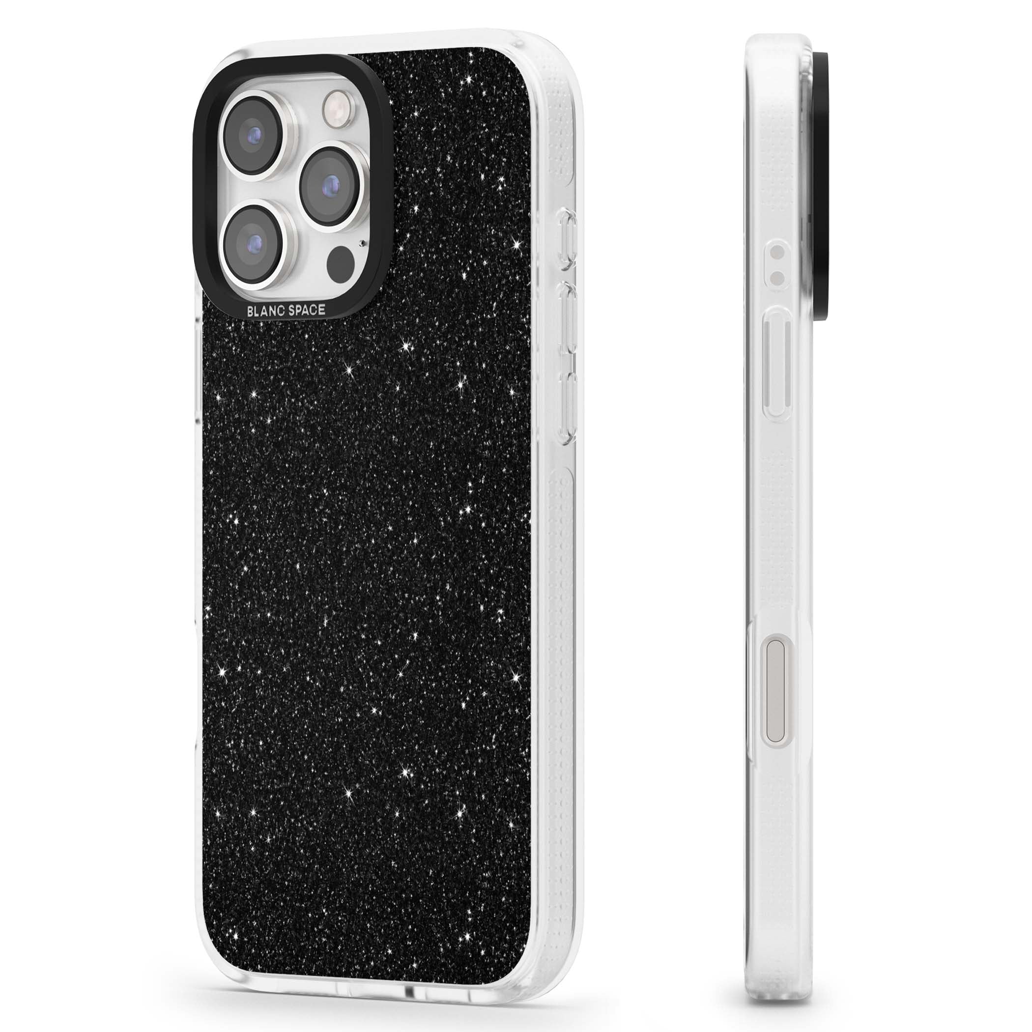 Black Glitter black glitter iPhone case featuring an all-over sparkly shimmer pattern on a jet black base | Clear Case Impact Air case for iPhone 16 Pro, iPhone 16 Pro Max