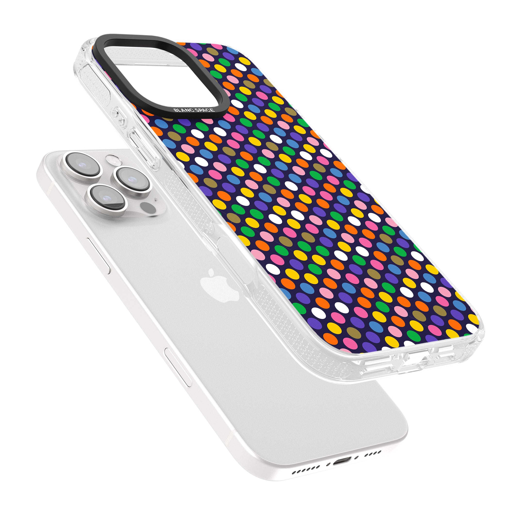 Multicolour Polka-dot Fiesta (Purple) iPhone 16 Pro Max / 16 Pro Clear Case Impact Air - Blanc Space