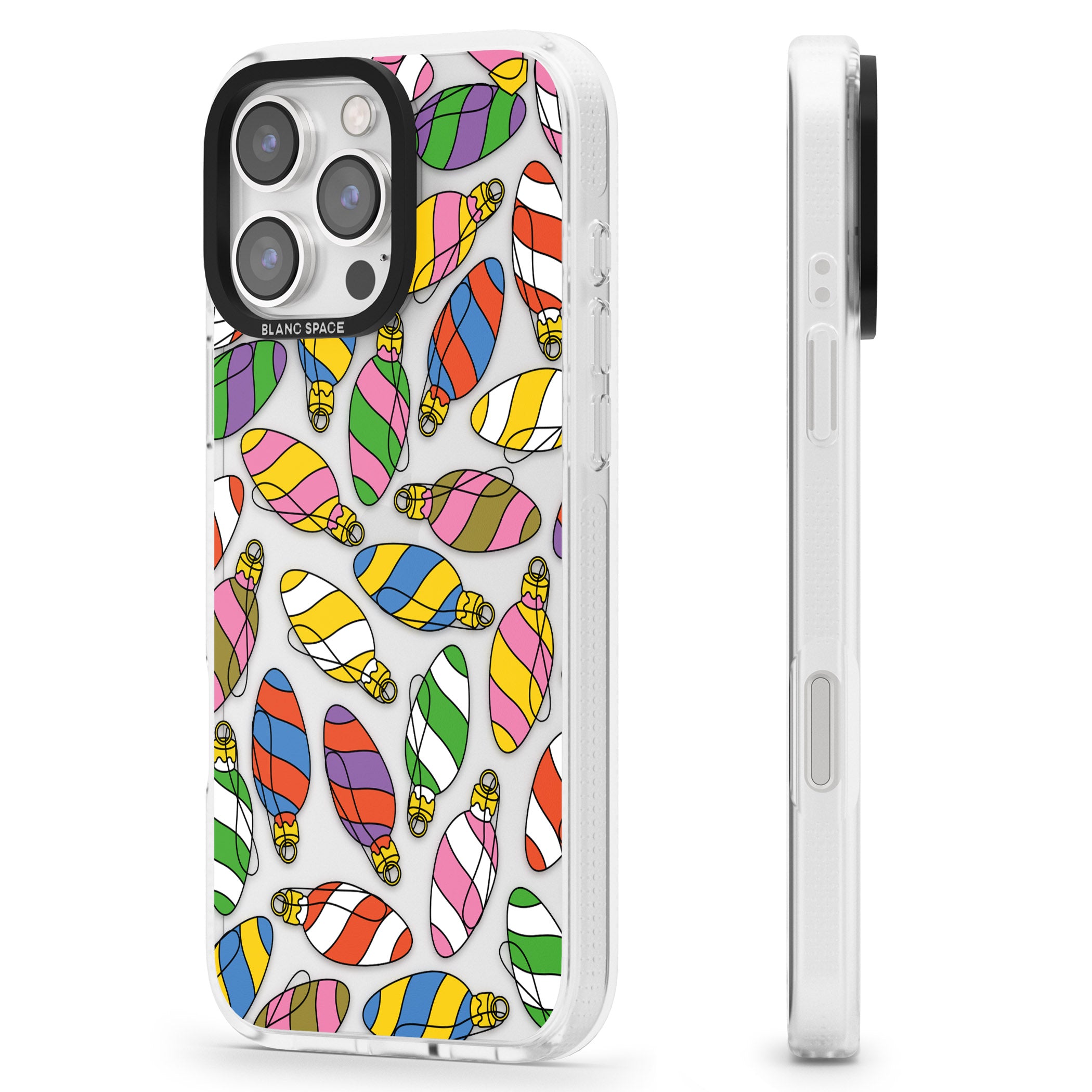 Colourful Holiday Ornaments iPhone 16 Pro Max / 16 Pro Clear Case Impact Air - Blanc Space
