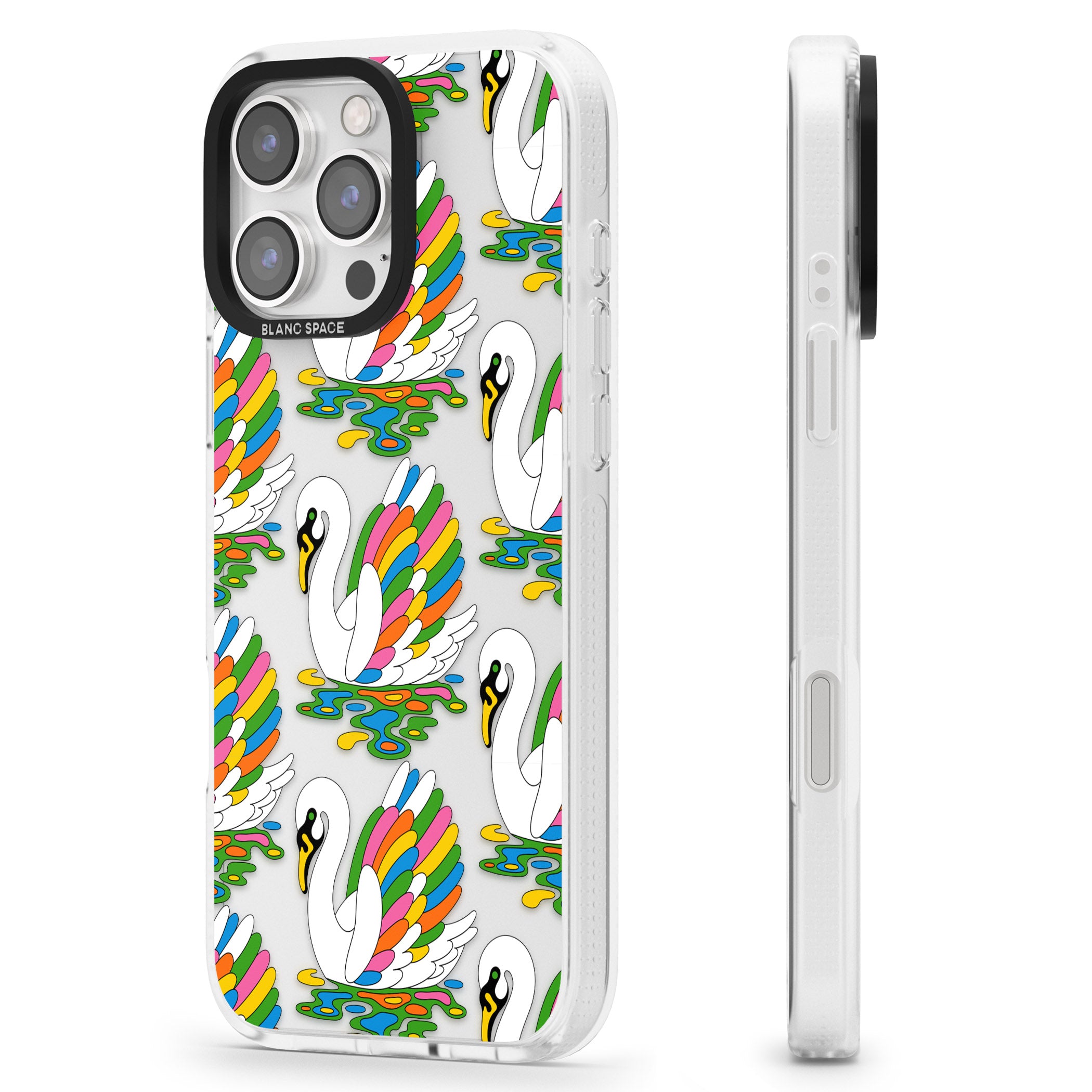 Colourful Swan Pattern iPhone 16 Pro Max / 16 Pro Clear Case Impact Air - Blanc Space