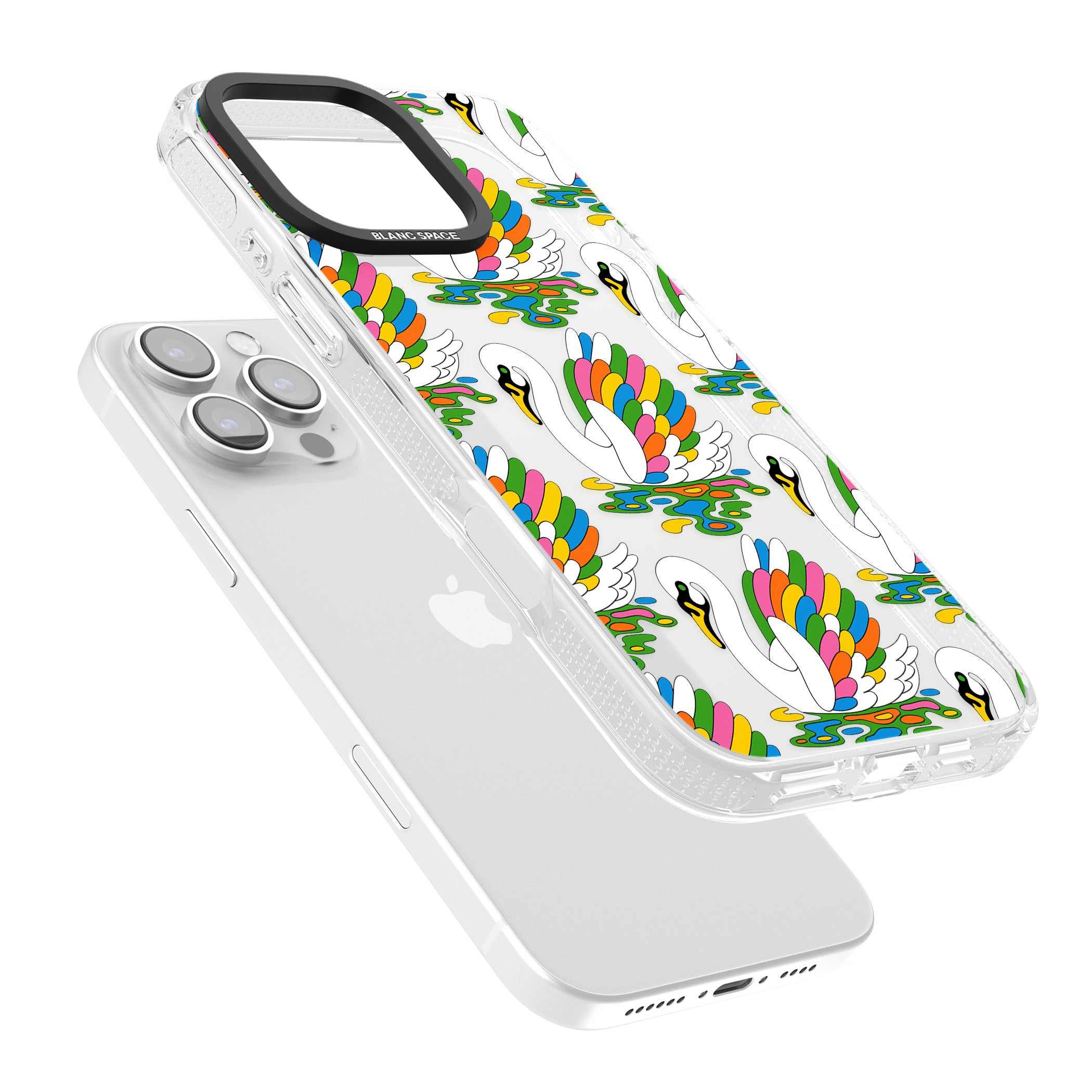 Colourful Swan Pattern iPhone 16 Pro Max / 16 Pro Clear Case Impact Air - Blanc Space