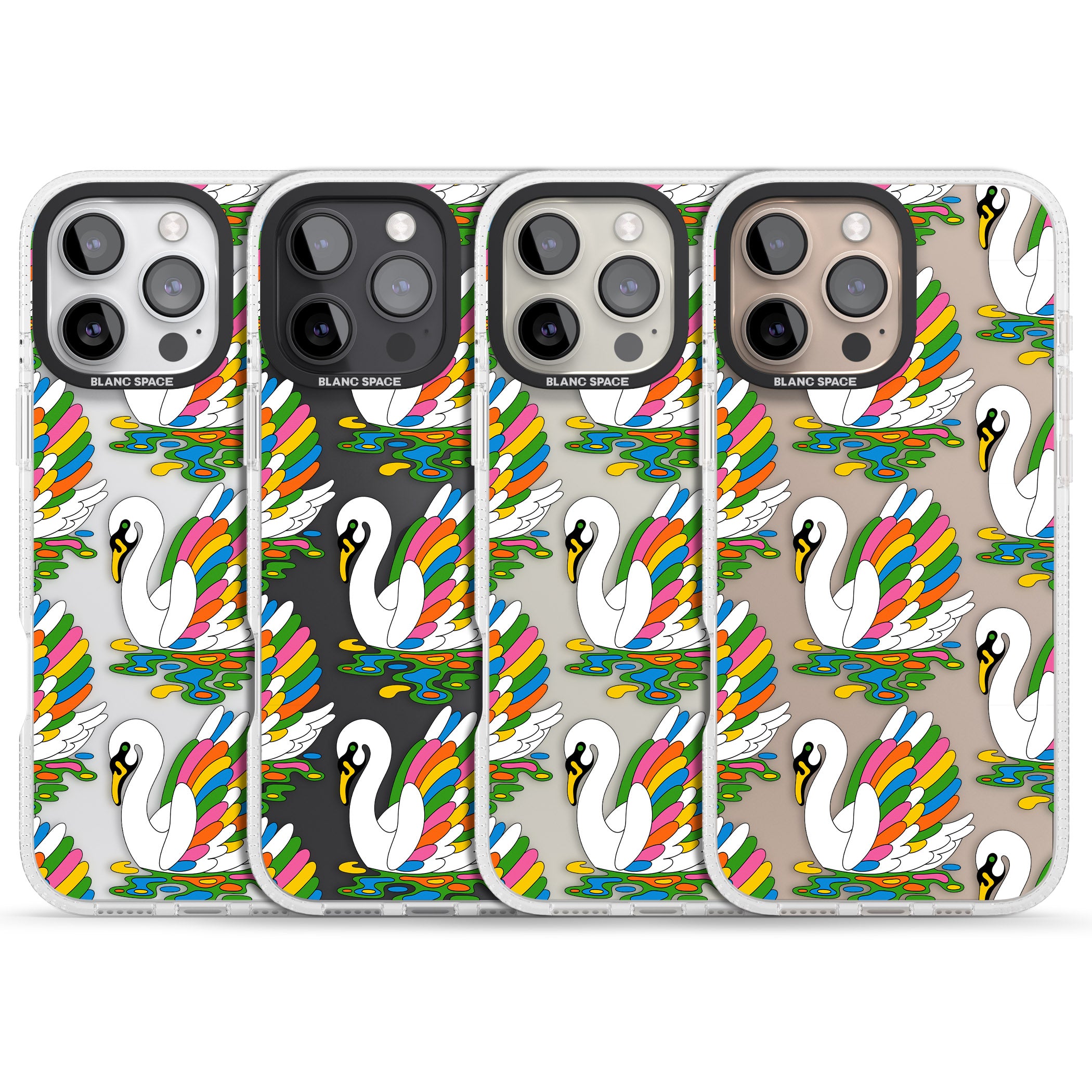 Colourful Swan Pattern iPhone 16 Pro Max / 16 Pro Clear Case Impact Air - Blanc Space