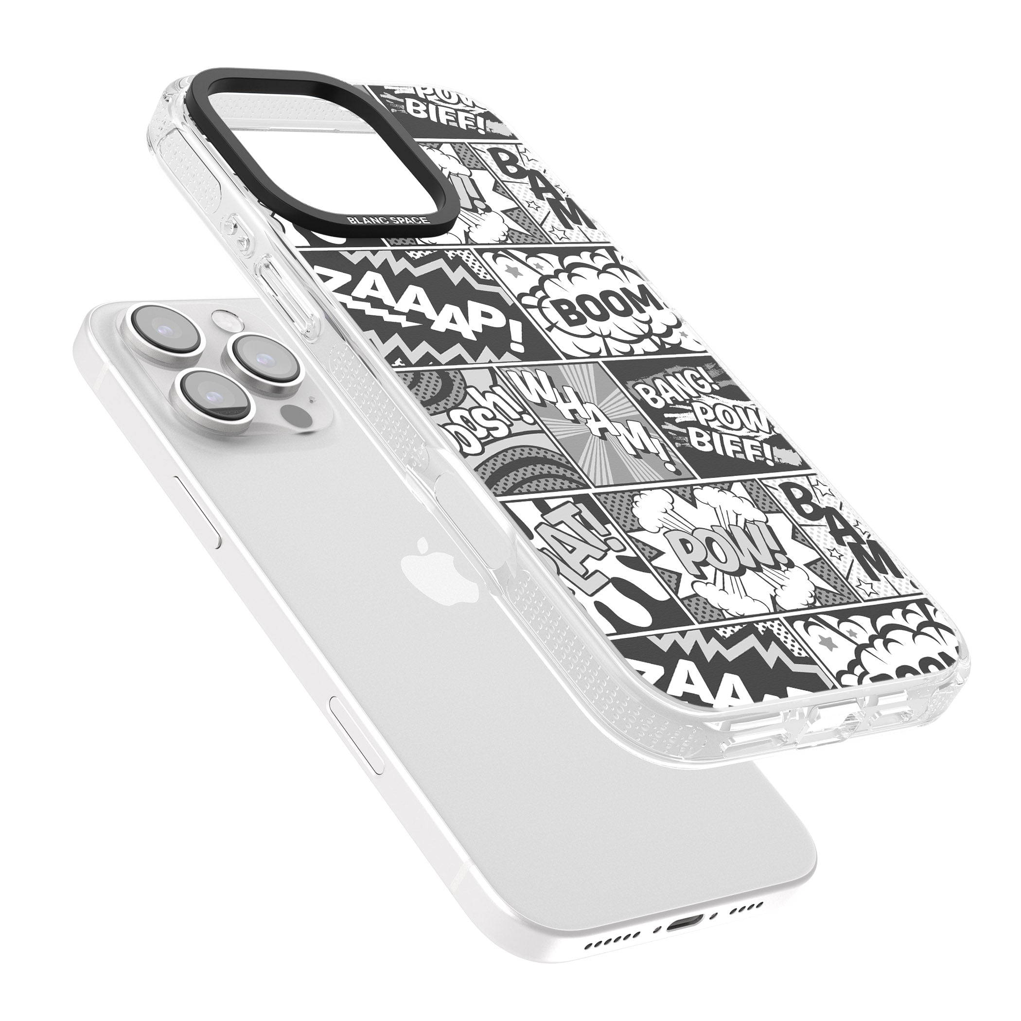 Onomatopoeia (Black & White) iPhone 16 Pro Max / 16 Pro Clear Case Impact Air - Blanc Space