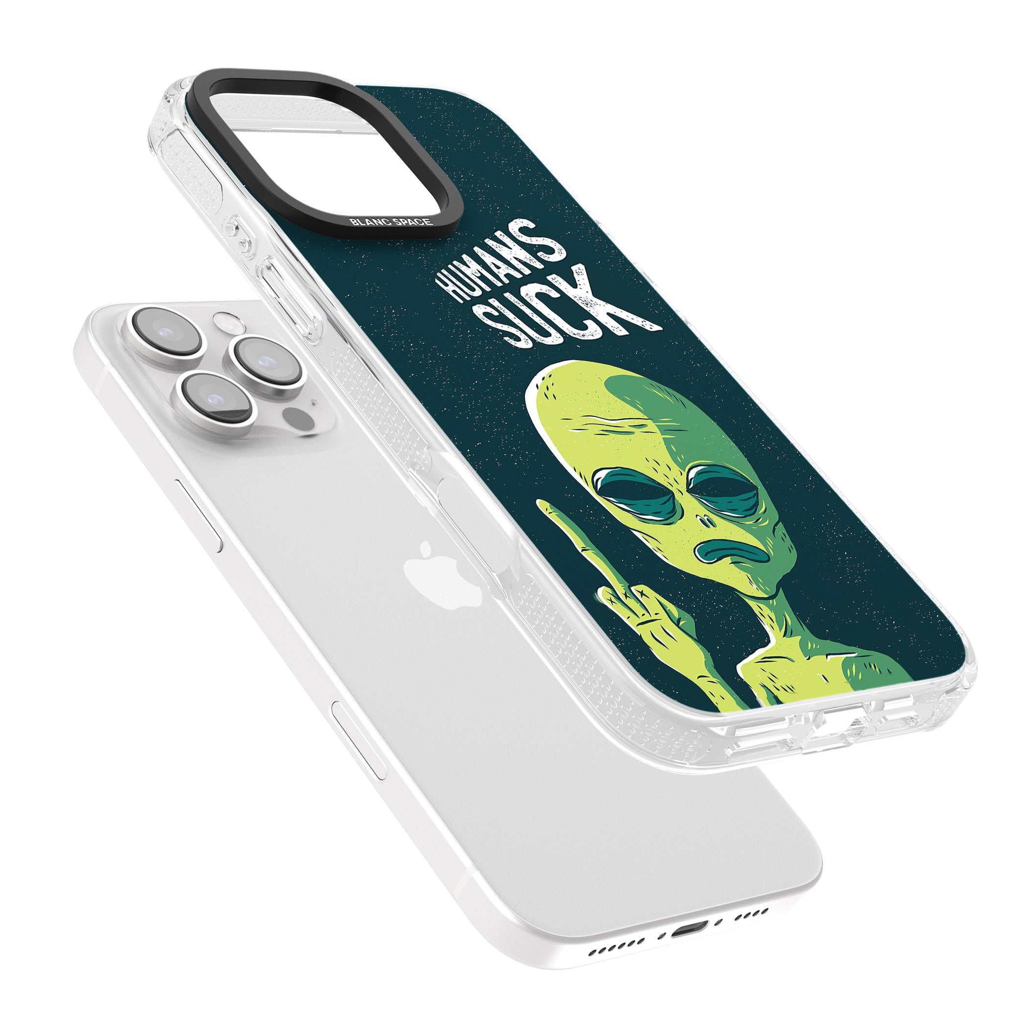 Humans Suck Alien iPhone 16 Pro Max / 16 Pro Clear Case Impact Air - Blanc Space