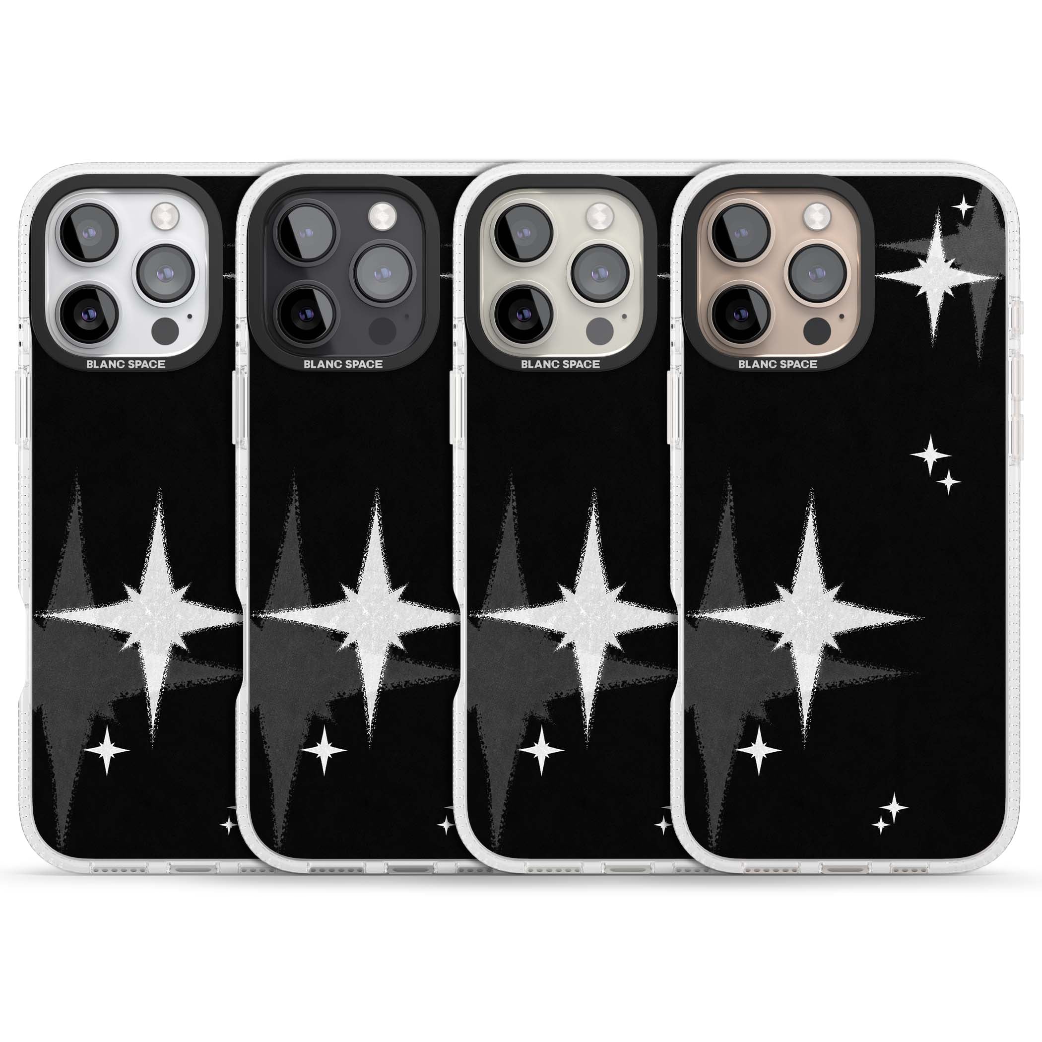 Black Sparkle celestial iPhone case featuring white sparkle stars on a black night sky background | Clear Case Impact Air case for iPhone 16 Pro, iPhone 16 Pro Max