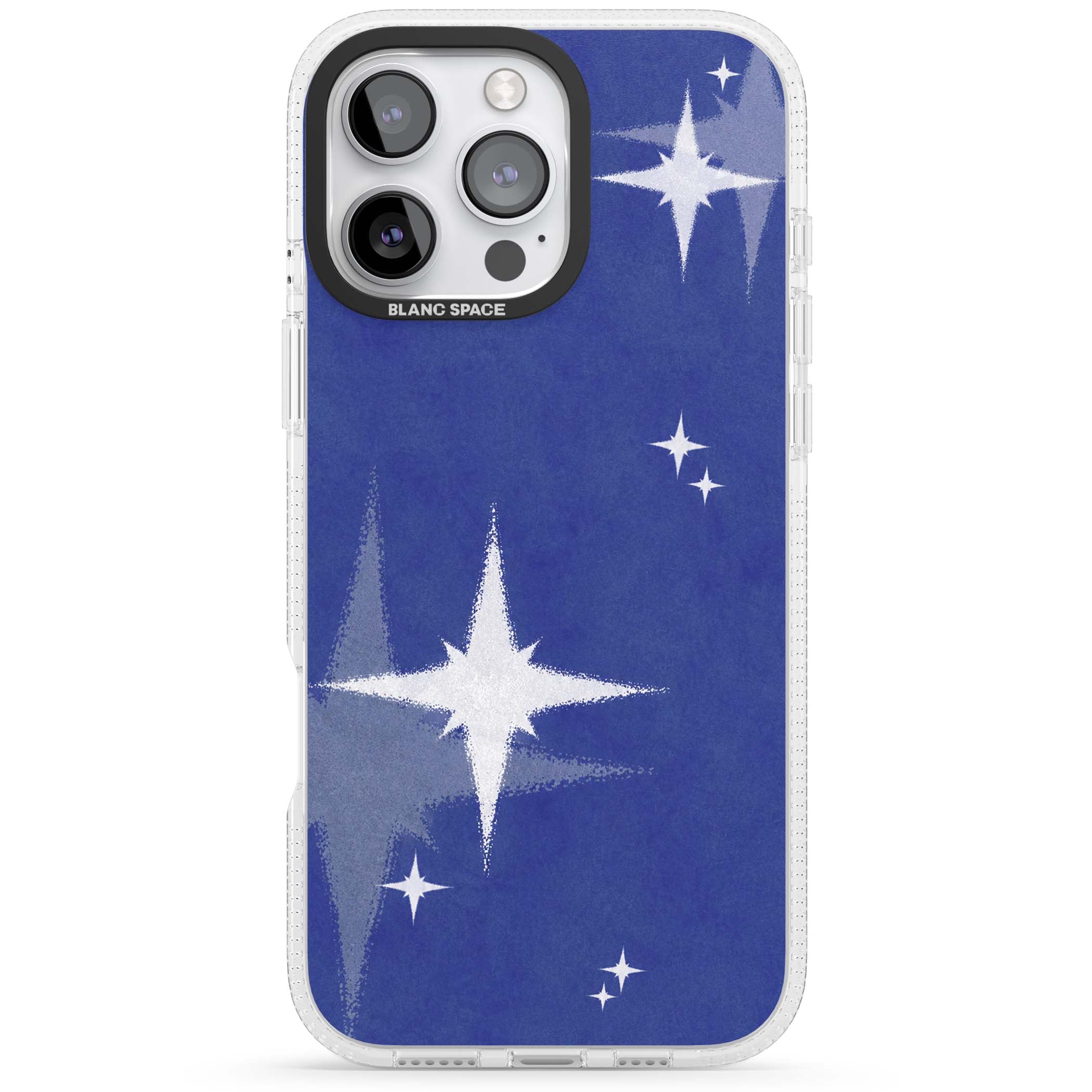 Blue Sparkle celestial iPhone case featuring sparkling silver stars on a deep blue painterly night sky | Clear Case Impact Air case for iPhone 16 Pro, iPhone 16 Pro Max