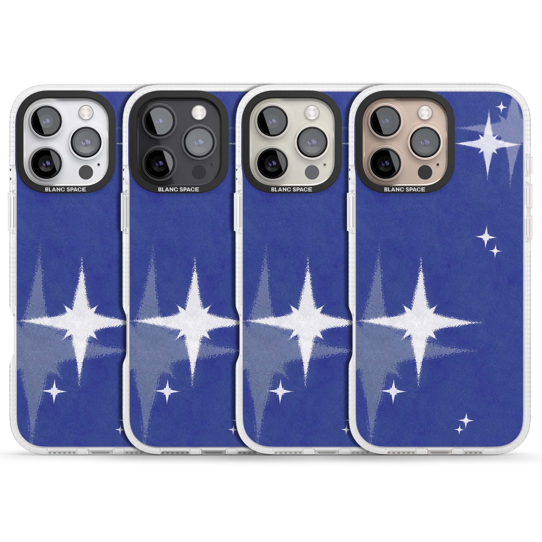 Blue Sparkle celestial iPhone case featuring sparkling silver stars on a deep blue painterly night sky | Clear Case Impact Air case for iPhone 16 Pro, iPhone 16 Pro Max