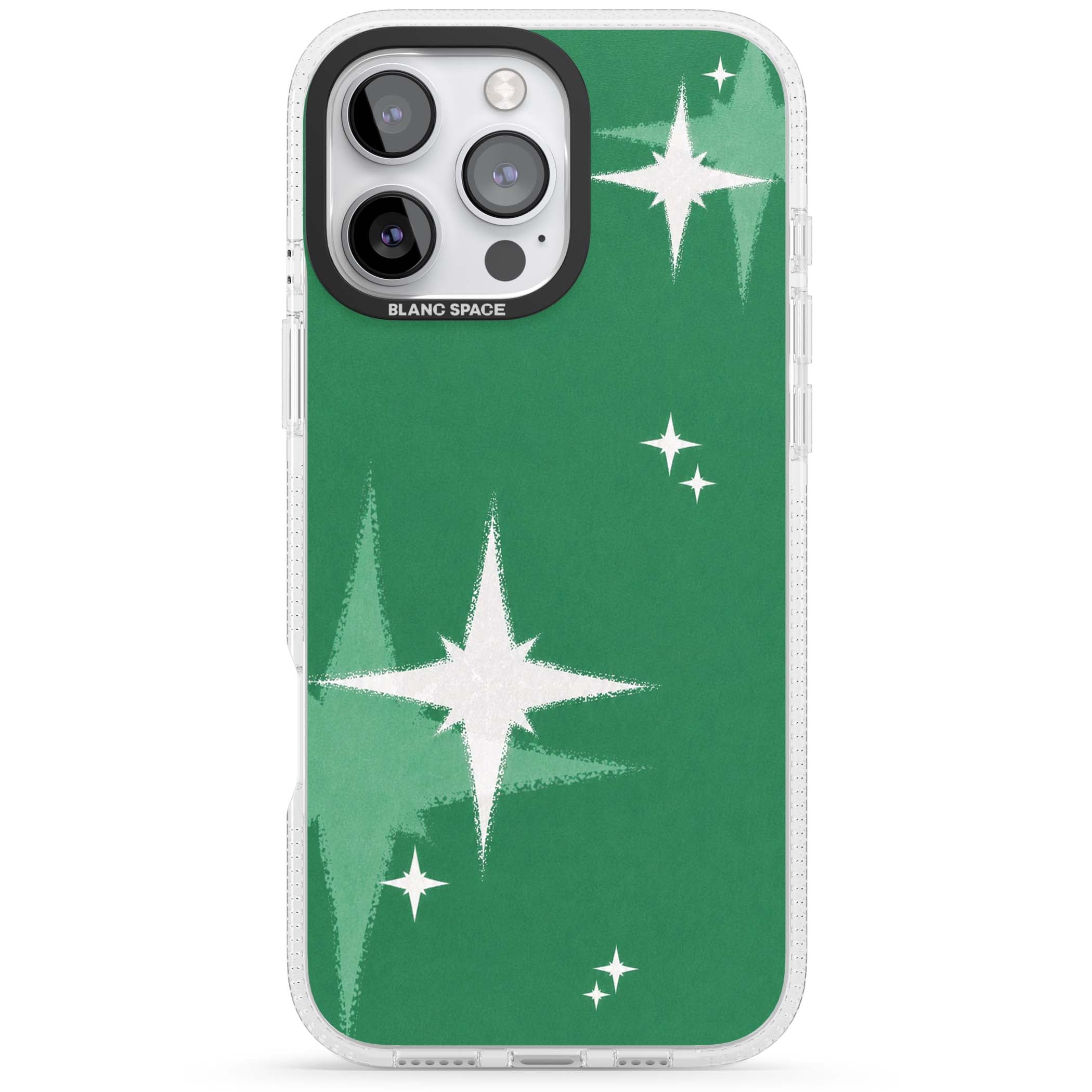 Green Sparkle celestial iPhone case featuring sparkling white four-point stars on a deep green background | Clear Case Impact Air case for iPhone 16 Pro, iPhone 16 Pro Max