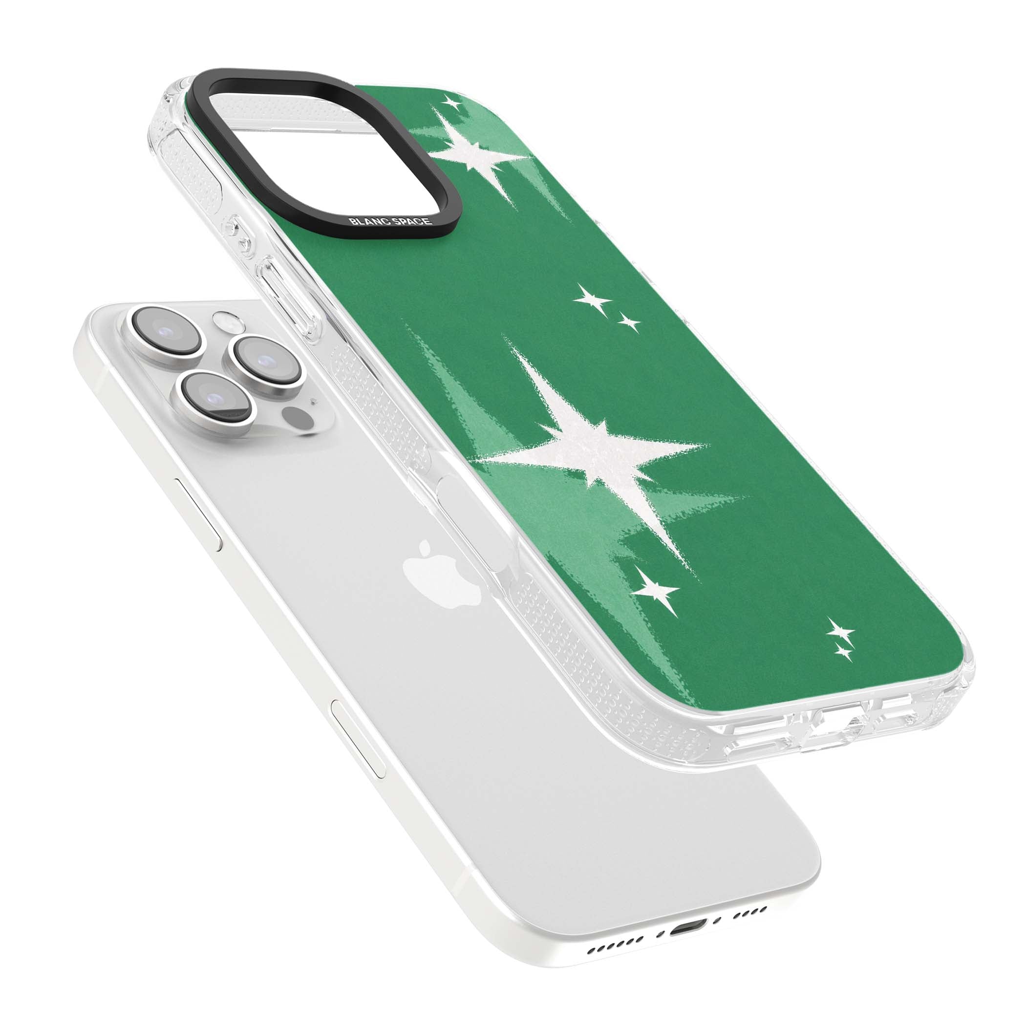 Green Sparkle celestial iPhone case featuring sparkling white four-point stars on a deep green background | Clear Case Impact Air case for iPhone 16 Pro, iPhone 16 Pro Max