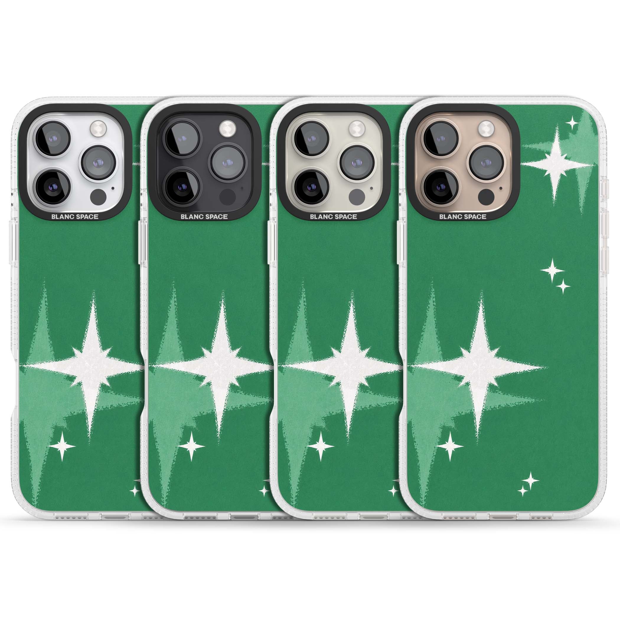 Green Sparkle celestial iPhone case featuring sparkling white four-point stars on a deep green background | Clear Case Impact Air case for iPhone 16 Pro, iPhone 16 Pro Max