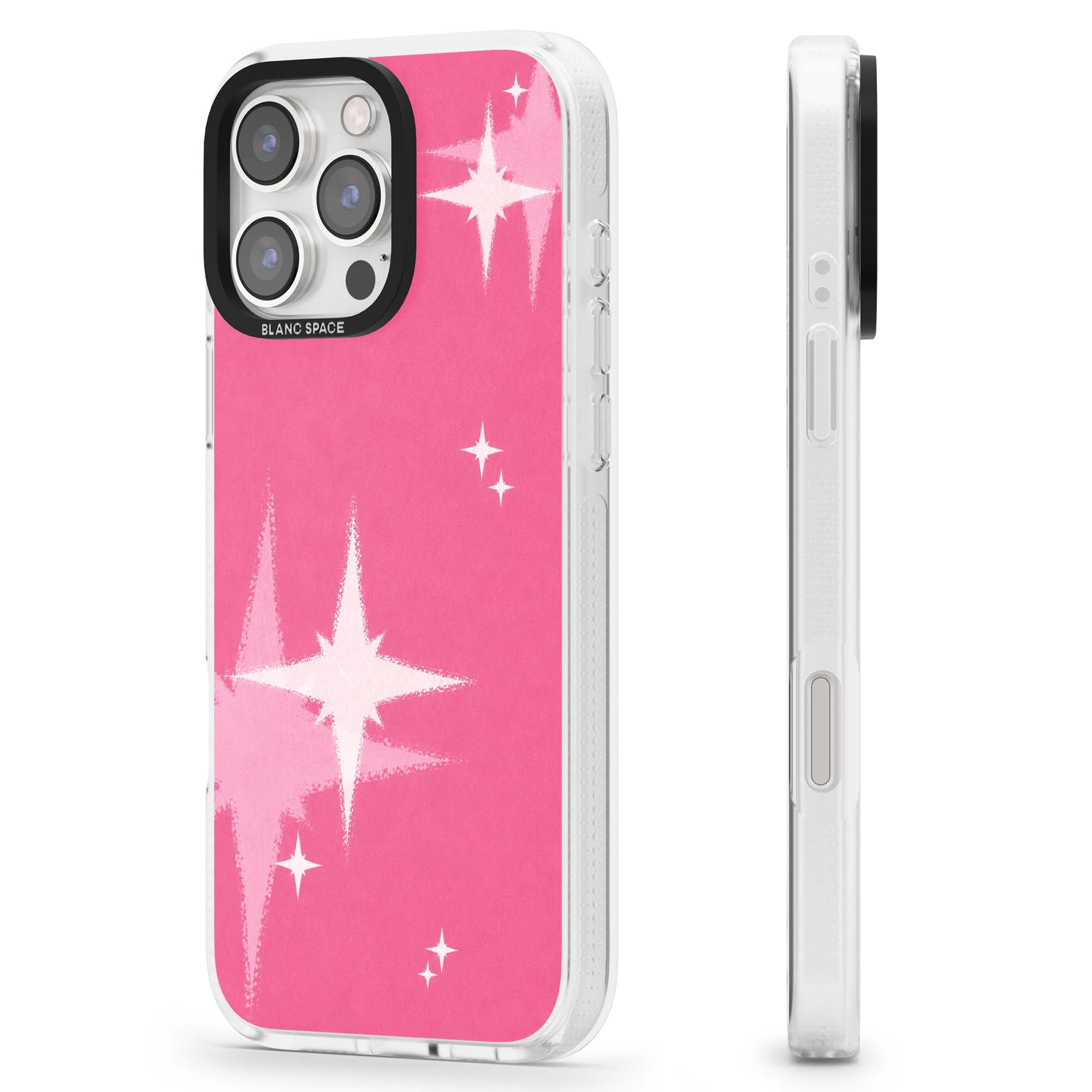 Pink Sparkle Y2K iPhone case featuring hot pink background with shimmering white starburst pattern | Clear Case Impact Air case for iPhone 16 Pro, iPhone 16 Pro Max