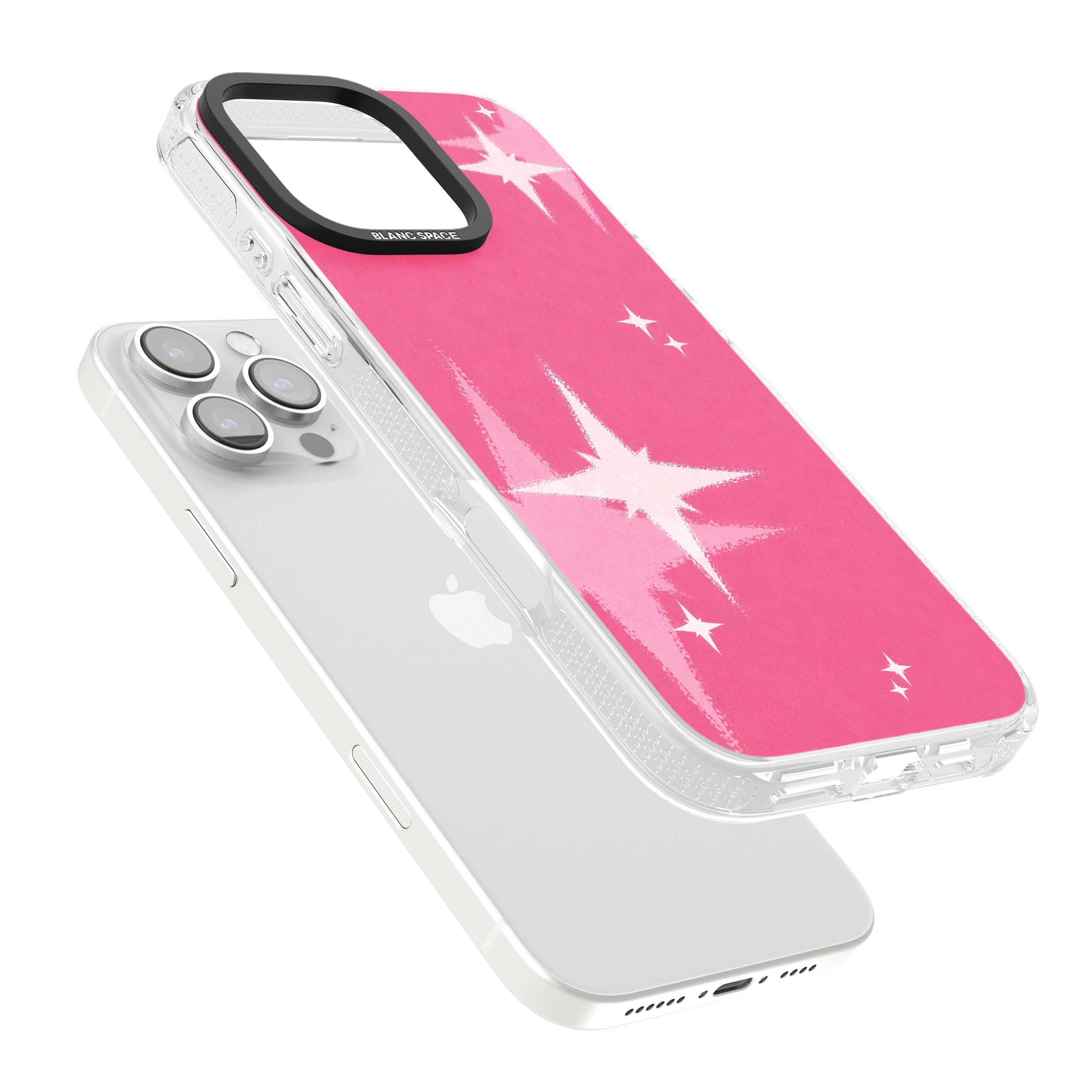 Pink Sparkle Y2K iPhone case featuring hot pink background with shimmering white starburst pattern | Clear Case Impact Air case for iPhone 16 Pro, iPhone 16 Pro Max