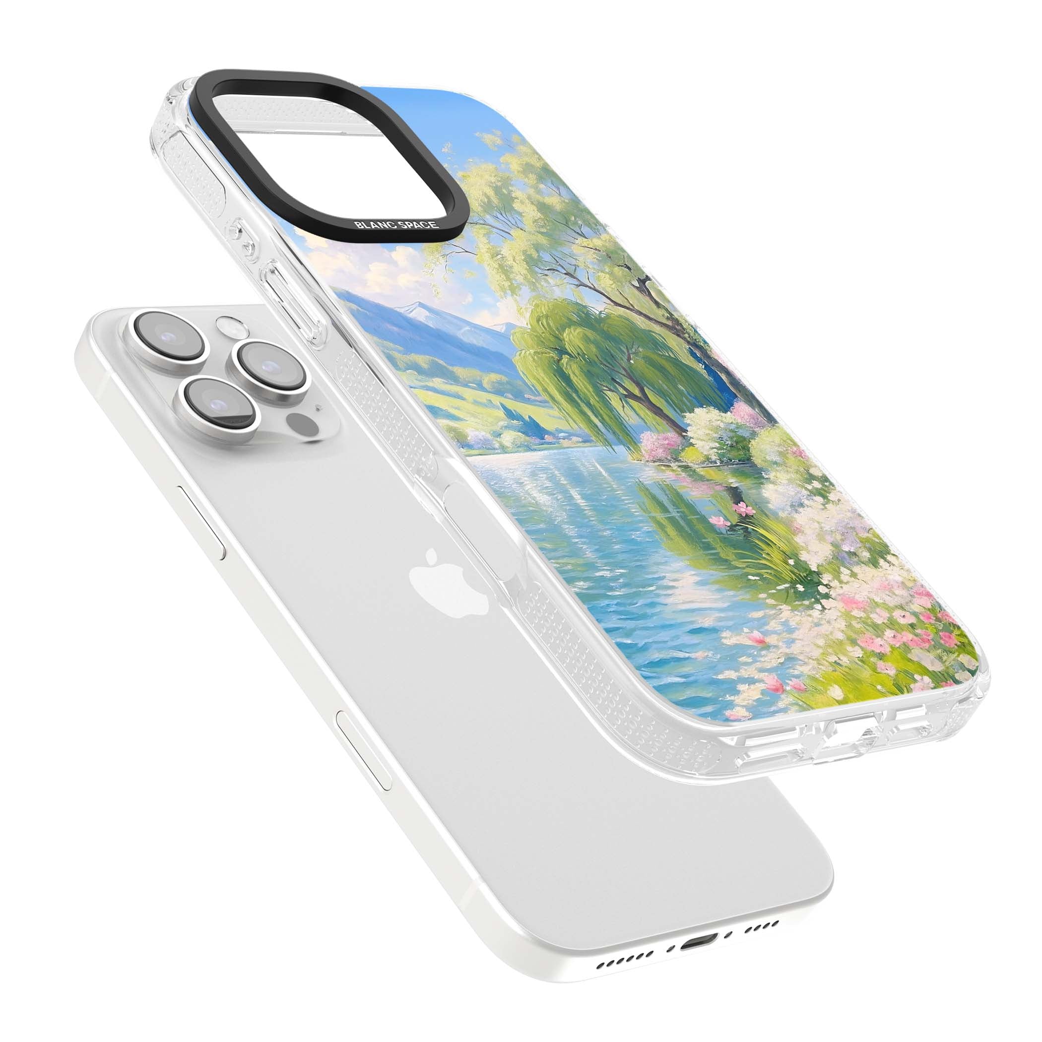 Willow Lake cottagecore iPhone case featuring a painted lakeside with weeping willow, blossoms and distant mountains | Clear Case Impact Air case for iPhone 16 Pro, iPhone 16 Pro Max
