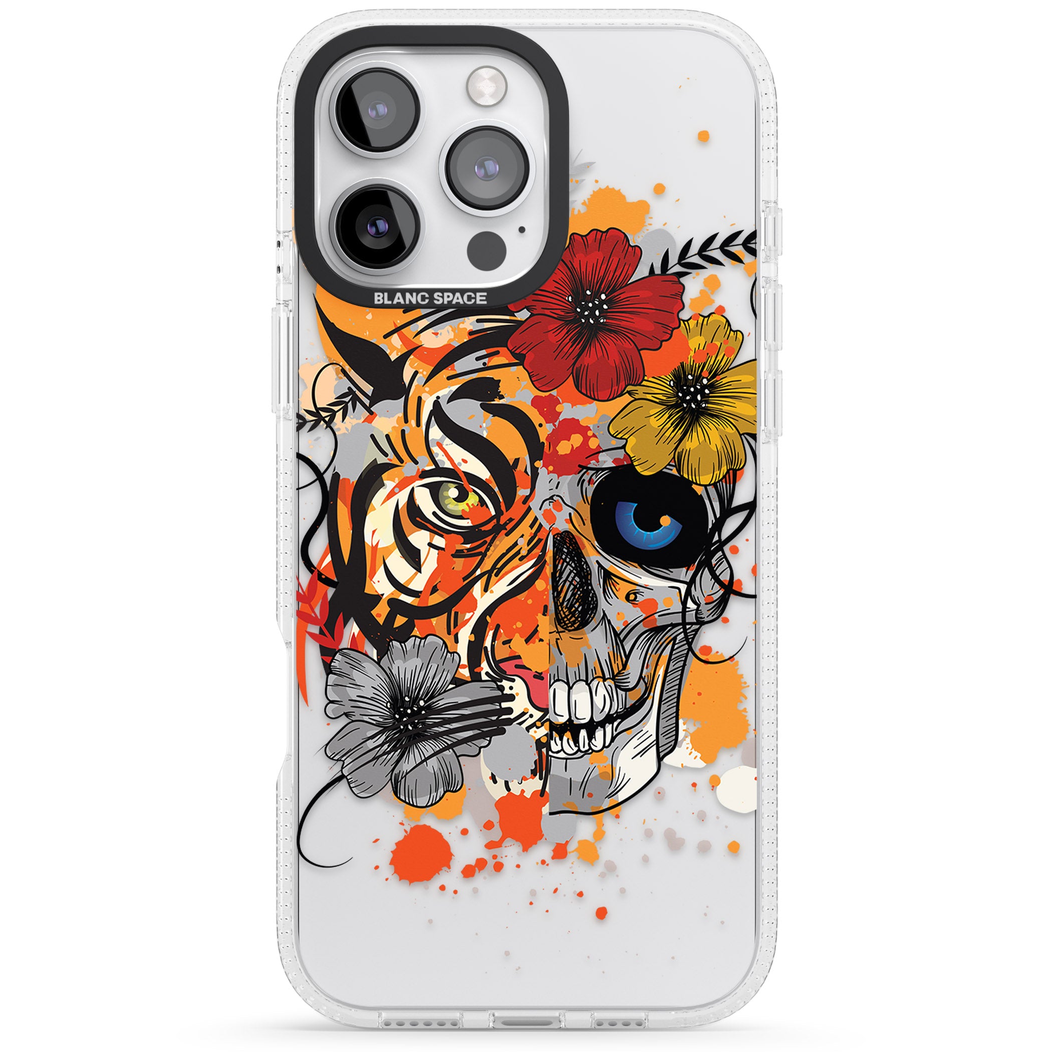 Sugar Skull Tiger Floral iPhone 16 Pro Max / 16 Pro Clear Case Impact Air - Blanc Space