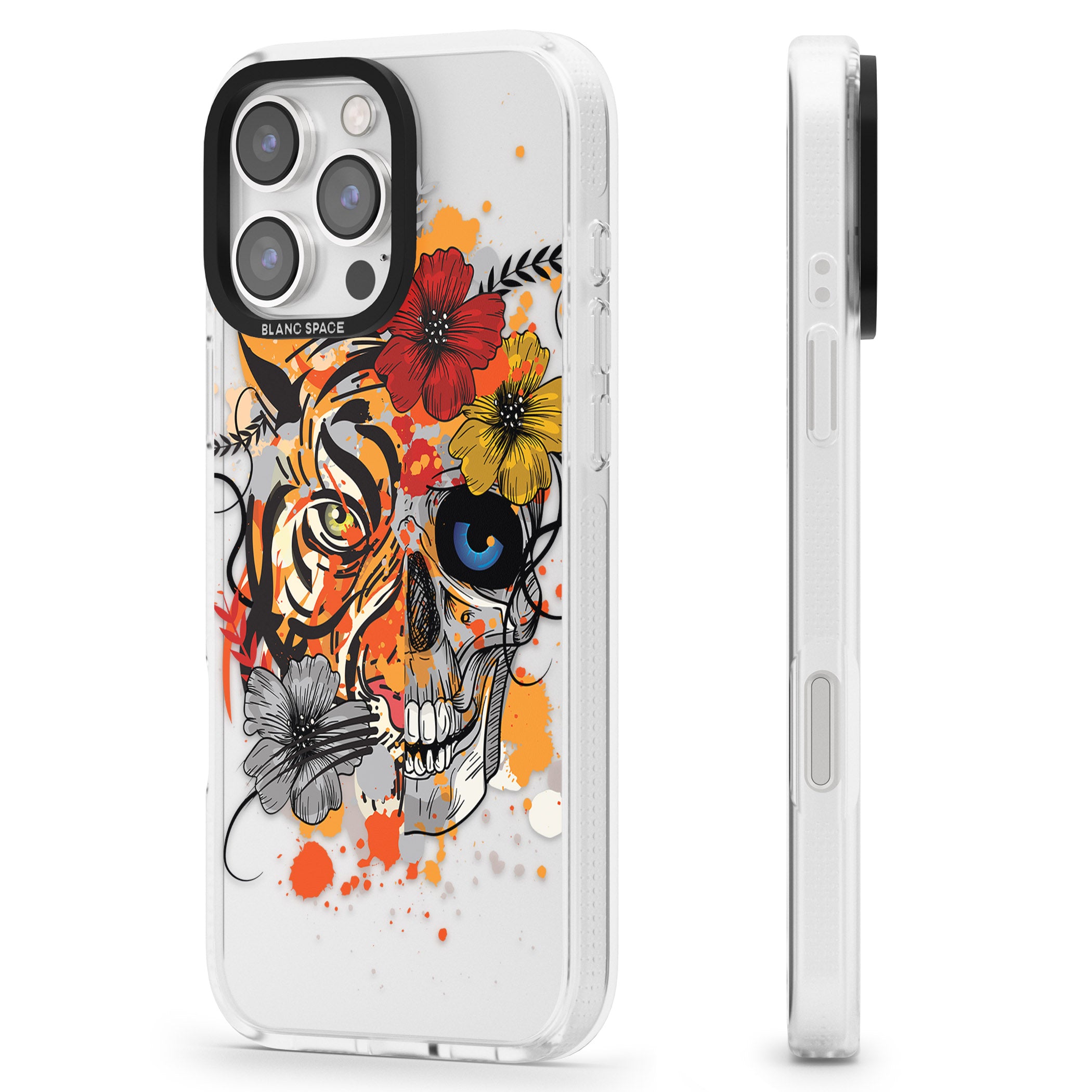 Sugar Skull Tiger Floral iPhone 16 Pro Max / 16 Pro Clear Case Impact Air - Blanc Space