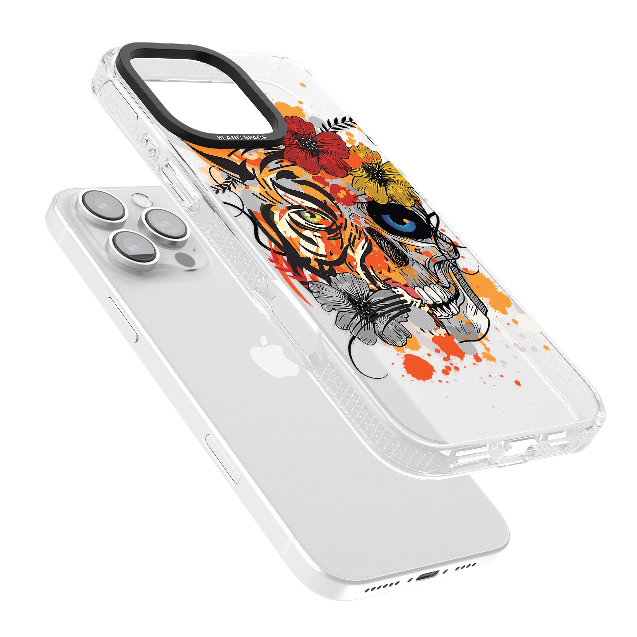 Sugar Skull Tiger Floral iPhone 16 Pro Max / 16 Pro Clear Case Impact Air - Blanc Space