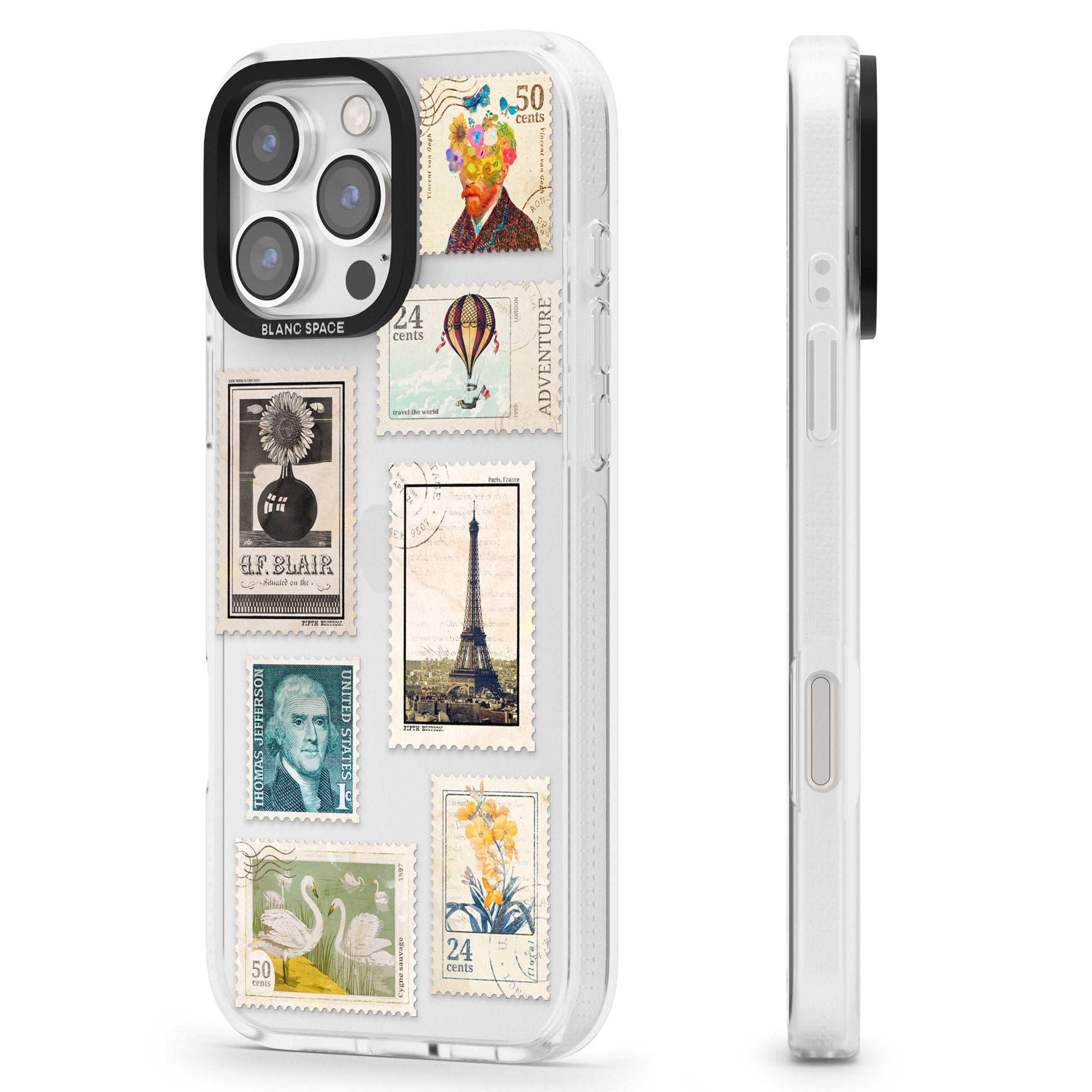 Vintage Stamps iPhone 16 Pro Max / 16 Pro Clear Case Impact Air - Blanc Space