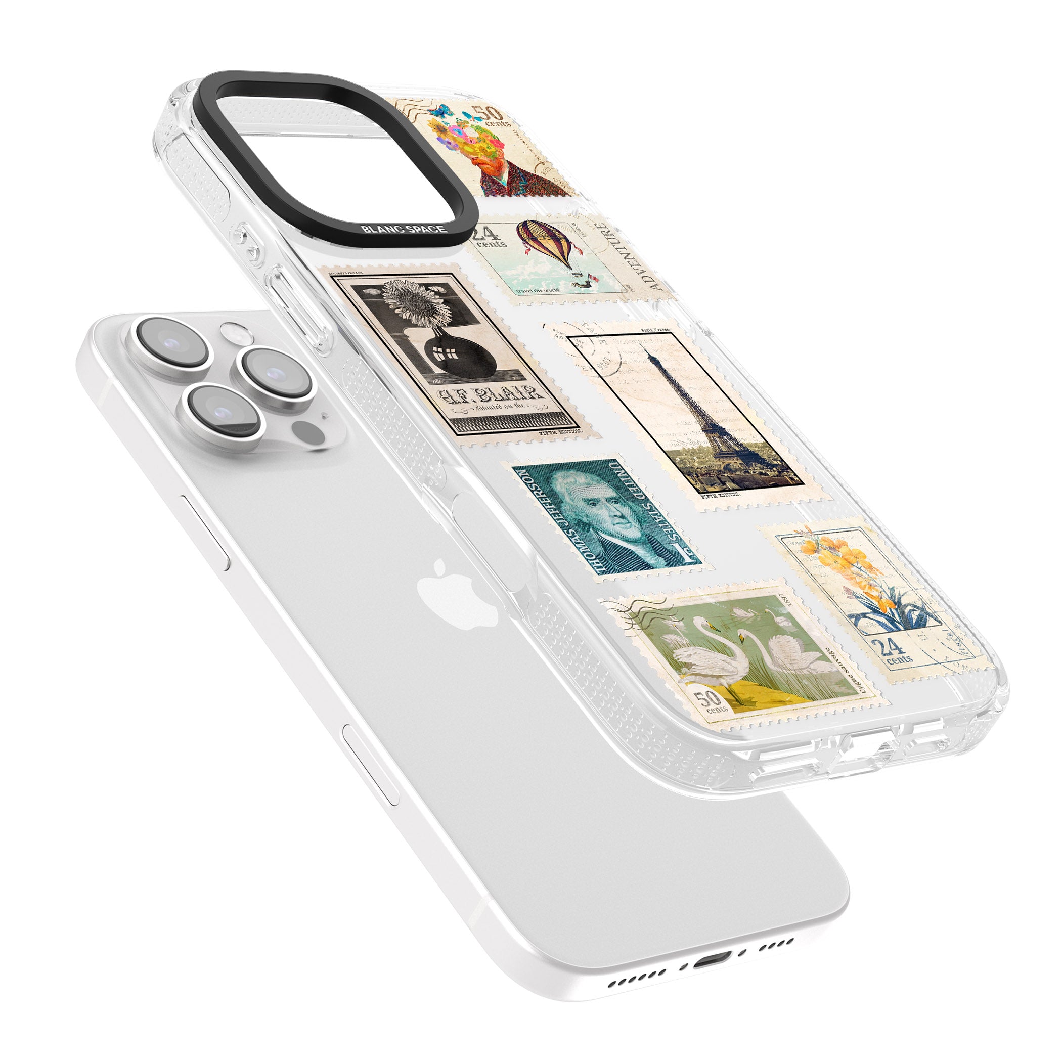 Vintage Stamps iPhone 16 Pro Max / 16 Pro Clear Case Impact Air - Blanc Space