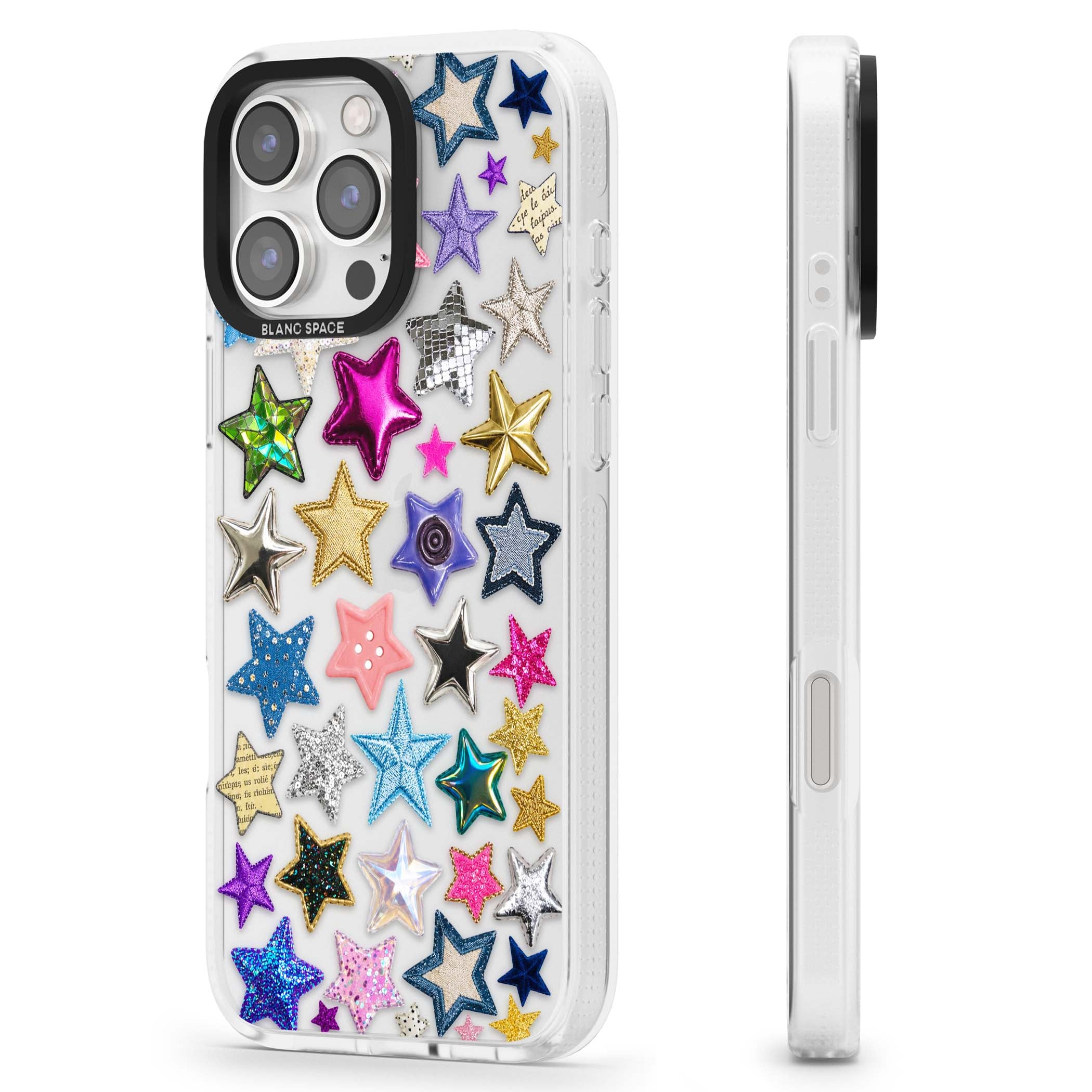 Crafty Star Mix Y2K iPhone case featuring embroidered, sequinned and glitter star patches in rainbow colours | Clear Case Impact Air case for iPhone 16 Pro, iPhone 16 Pro Max