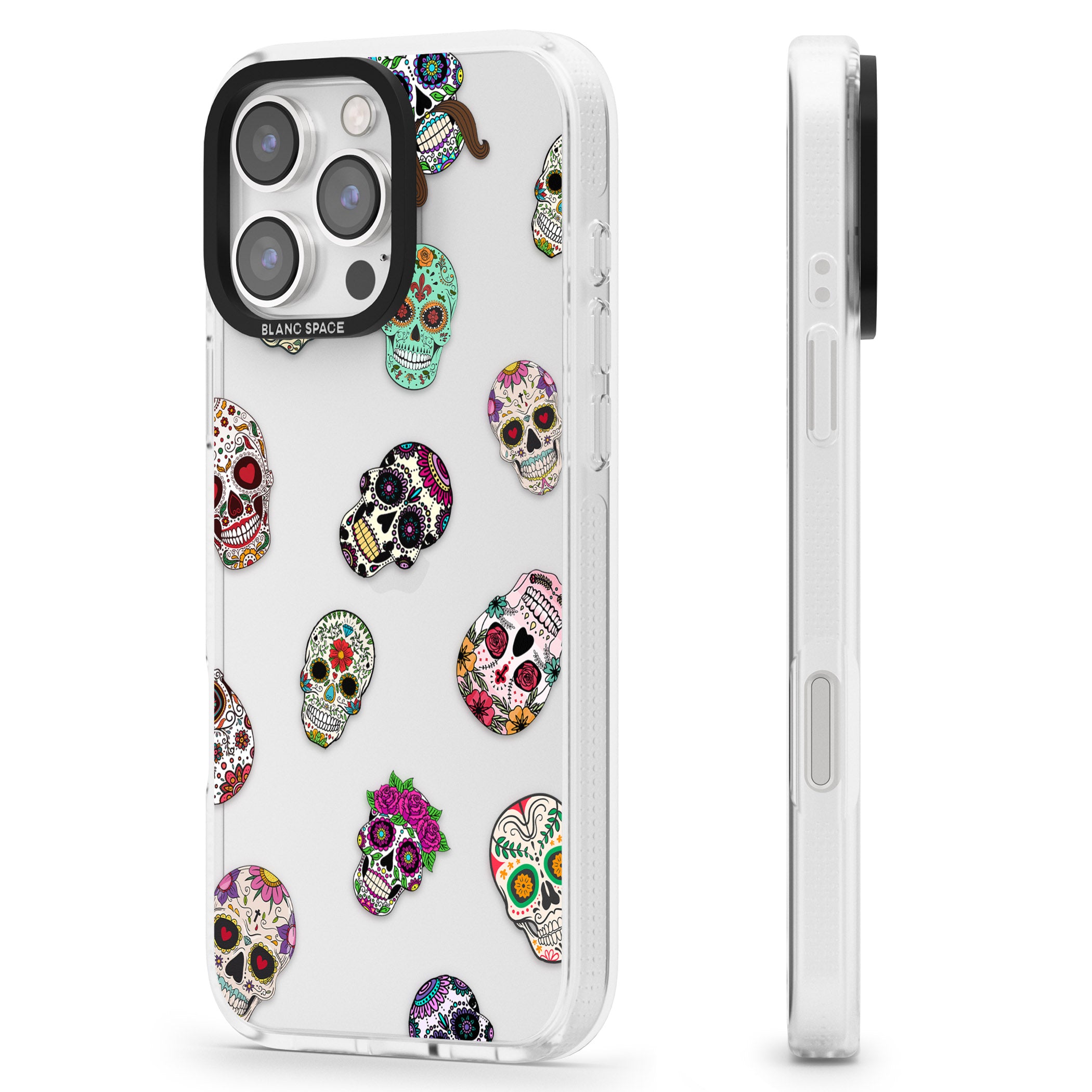 Mixed Sugar Skull Pattern iPhone 16 Pro Max / 16 Pro Clear Case Impact Air - Blanc Space