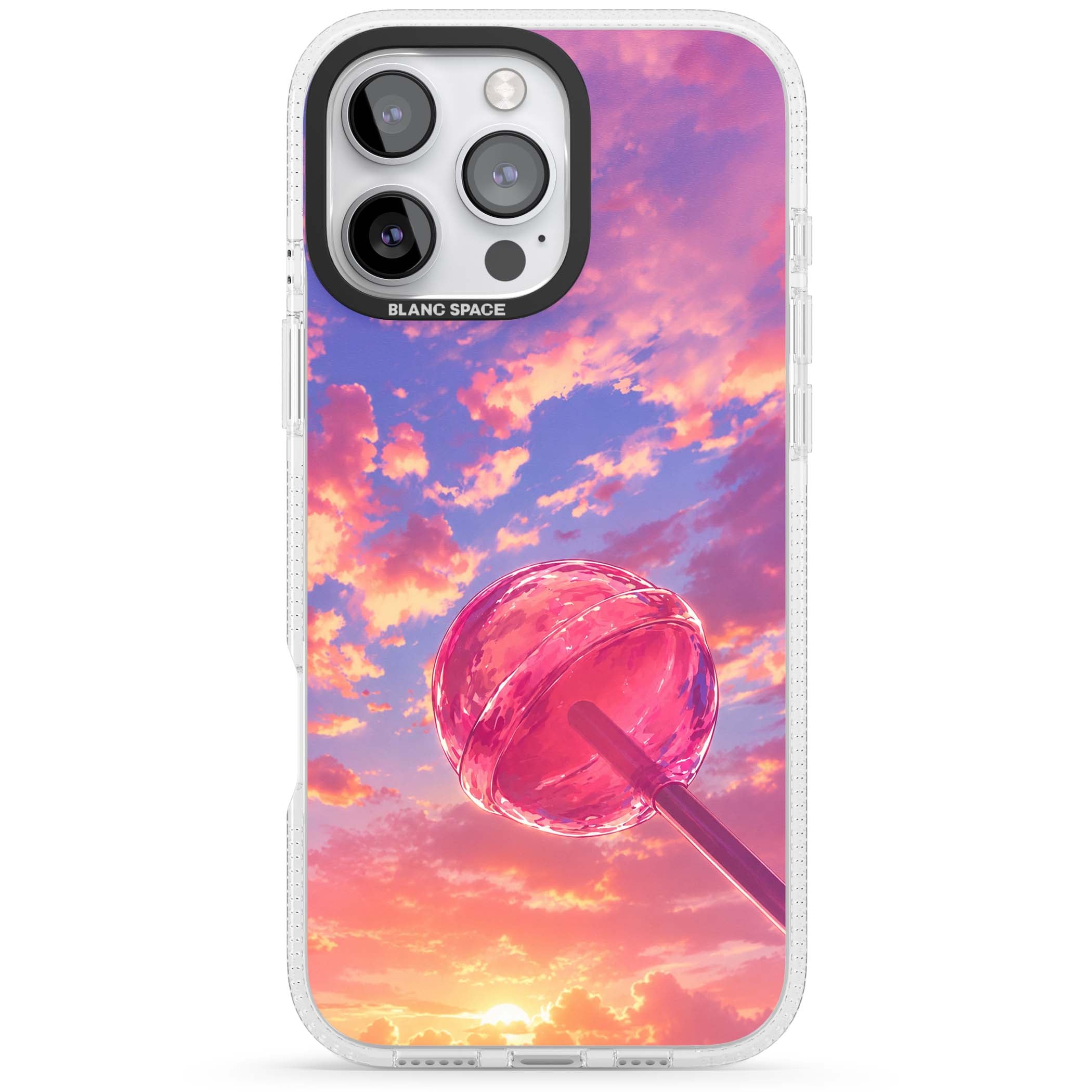 Sugar Sunset candy aesthetic iPhone case featuring a pink lollipop, pastel sunset sky and dreamy clouds | Clear Case Impact Air case for iPhone 16 Pro, iPhone 16 Pro Max