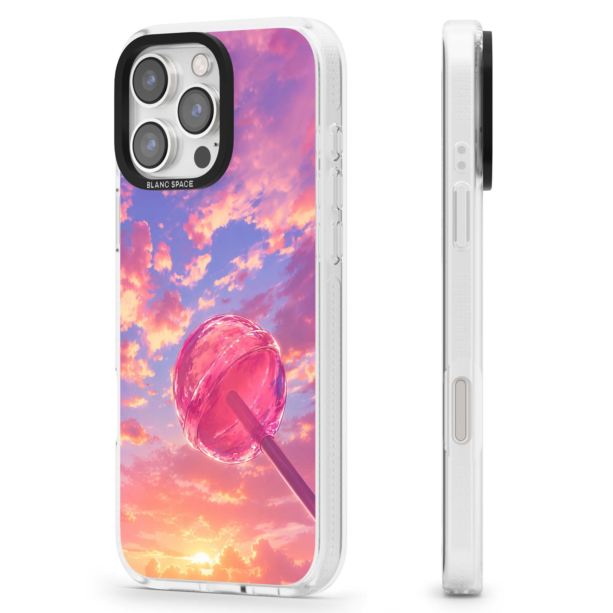 Sugar Sunset candy aesthetic iPhone case featuring a pink lollipop, pastel sunset sky and dreamy clouds | Clear Case Impact Air case for iPhone 16 Pro, iPhone 16 Pro Max