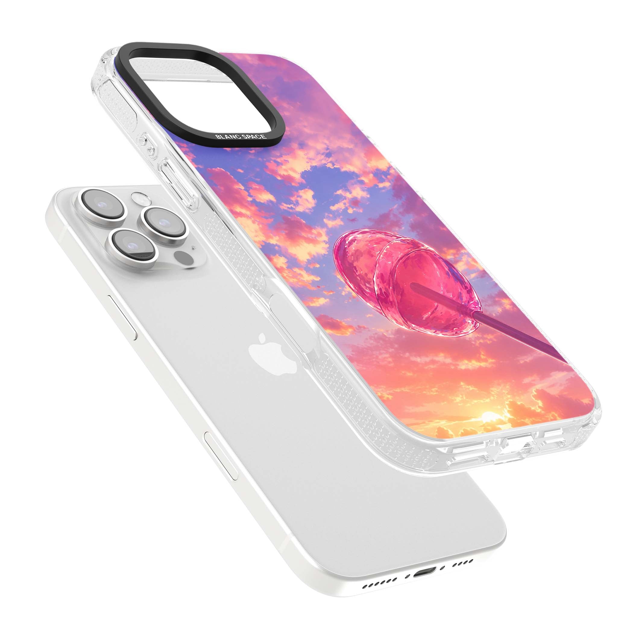 Sugar Sunset candy aesthetic iPhone case featuring a pink lollipop, pastel sunset sky and dreamy clouds | Clear Case Impact Air case for iPhone 16 Pro, iPhone 16 Pro Max