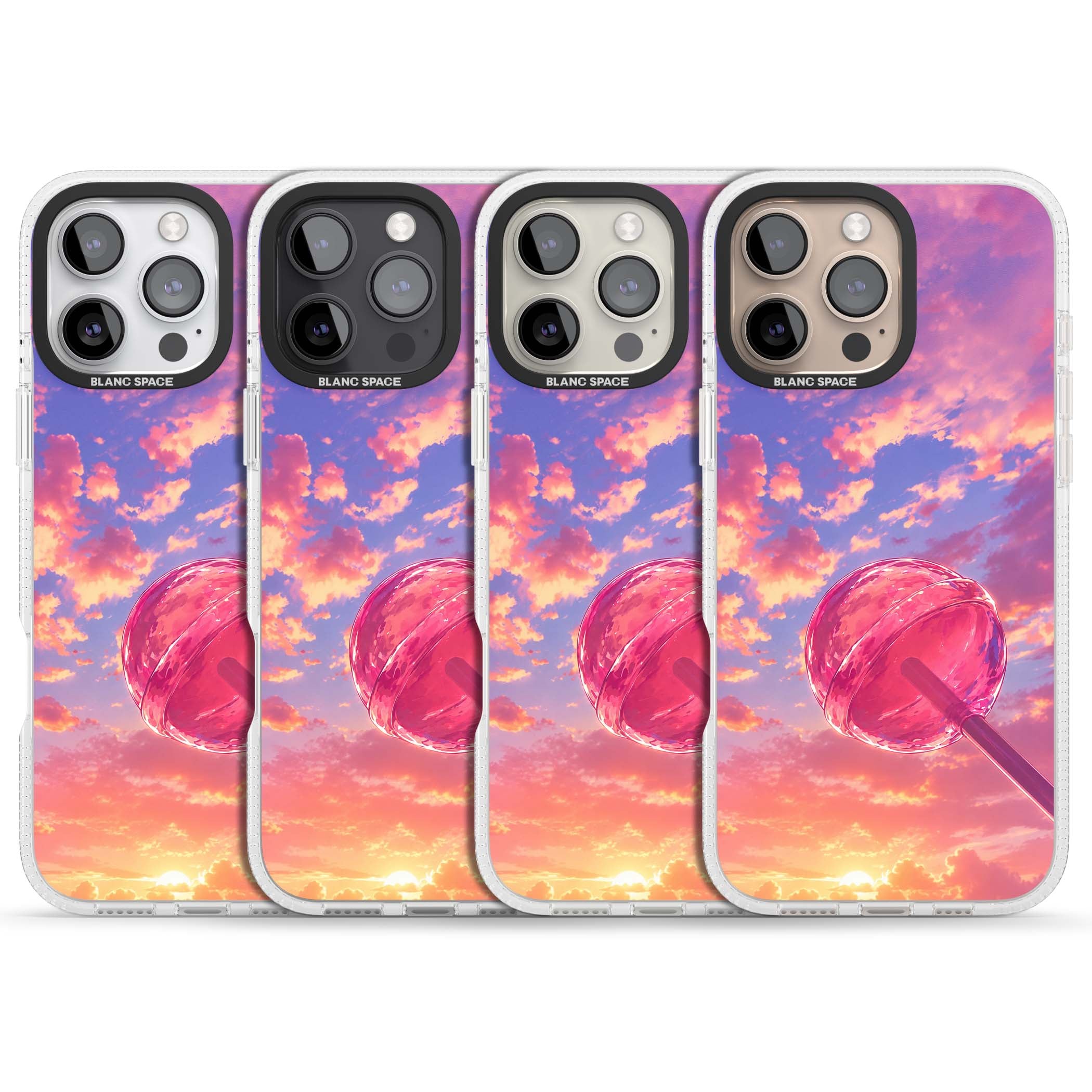 Sugar Sunset candy aesthetic iPhone case featuring a pink lollipop, pastel sunset sky and dreamy clouds | Clear Case Impact Air case for iPhone 16 Pro, iPhone 16 Pro Max