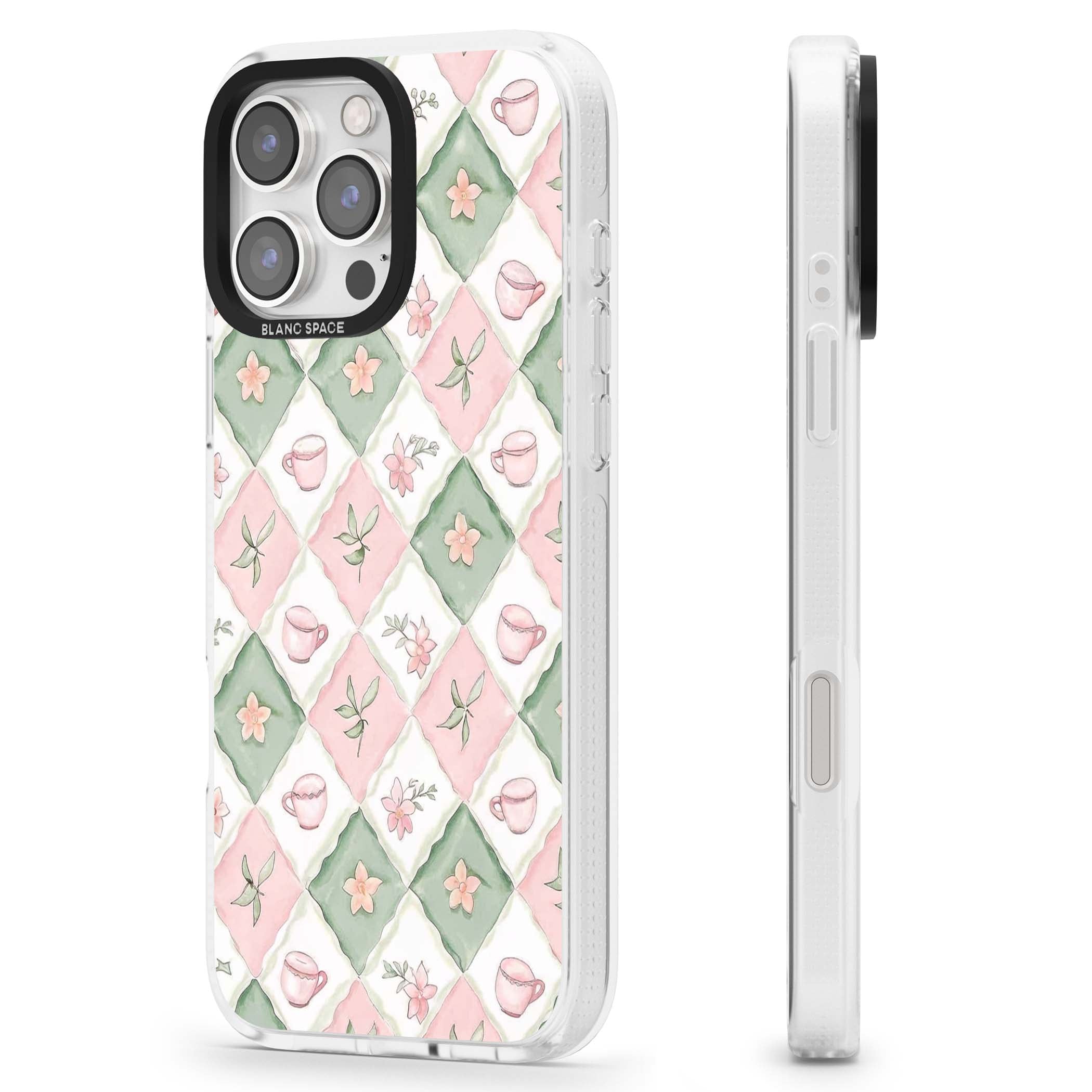 Garden Tea Party coquette iPhone case with pink and green checkered pattern, watercolour teacups and wildflowers | Clear Case Impact Air case for iPhone 16 Pro, iPhone 16 Pro Max
