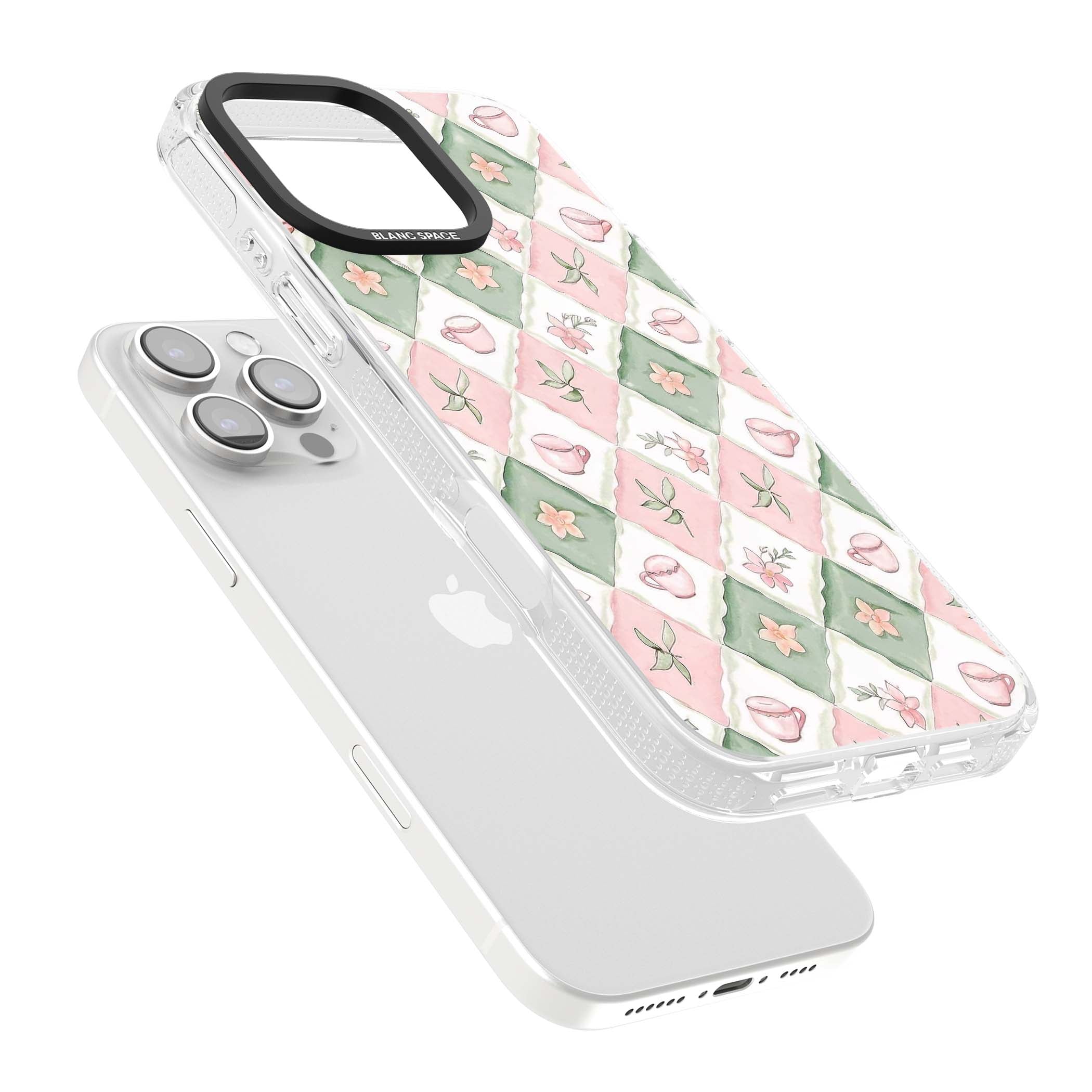 Garden Tea Party coquette iPhone case with pink and green checkered pattern, watercolour teacups and wildflowers | Clear Case Impact Air case for iPhone 16 Pro, iPhone 16 Pro Max