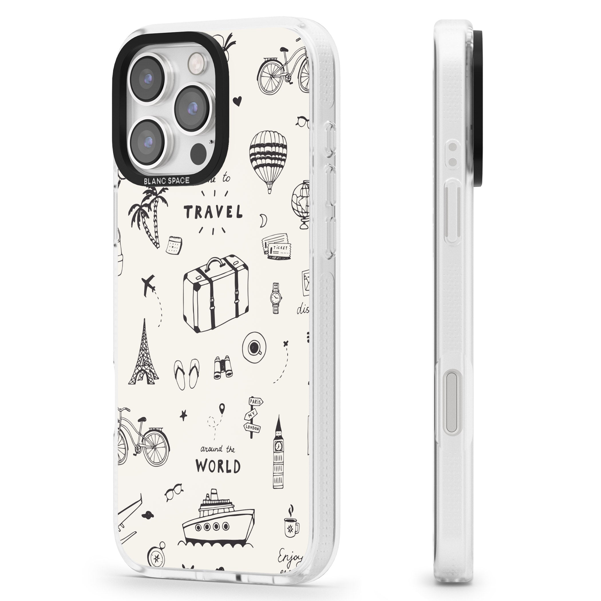 Cute Travel Pattern, White on iPhone 16 Pro Max / 16 Pro Clear Case Impact Air - Blanc Space