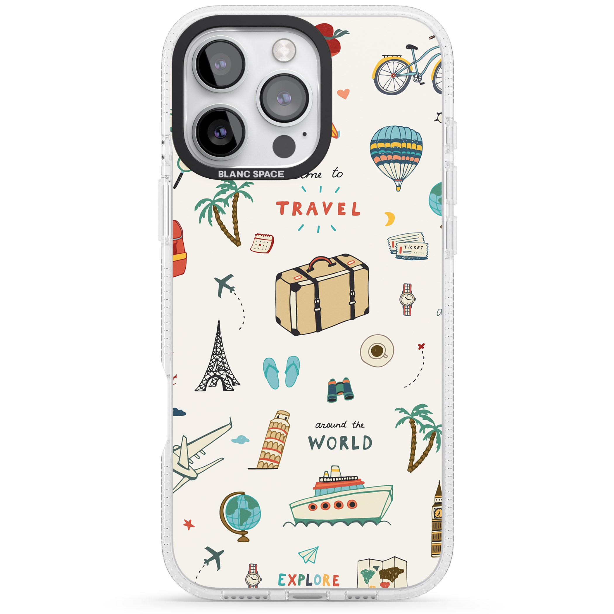 Cute Travel Pattern Cream iPhone 16 Pro Max / 16 Pro Clear Case Impact Air - Blanc Space