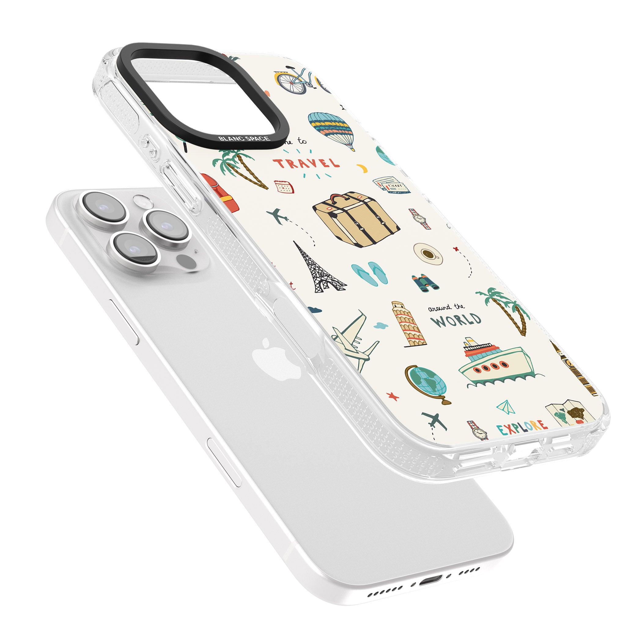 Cute Travel Pattern Cream iPhone 16 Pro Max / 16 Pro Clear Case Impact Air - Blanc Space