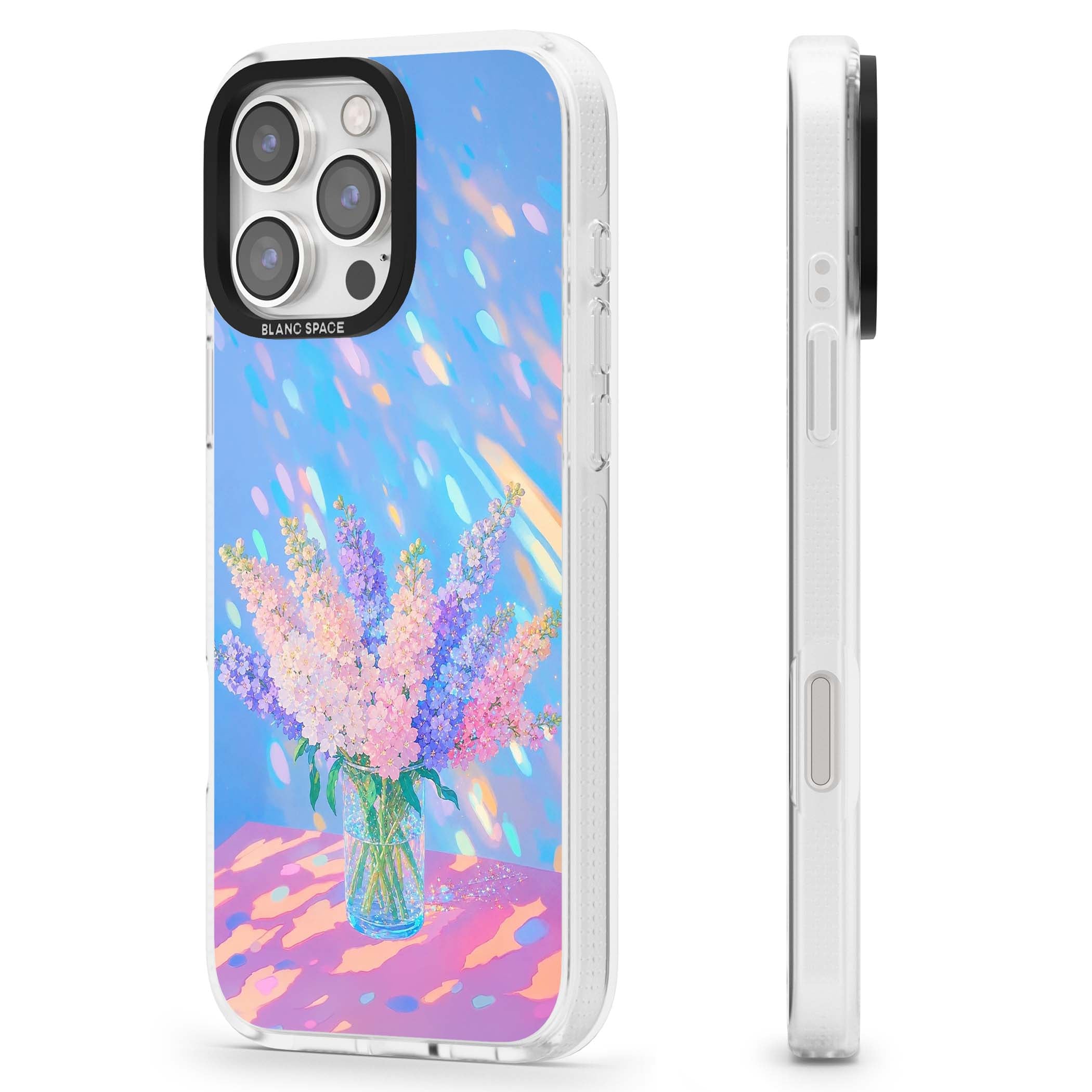 Bubblegum Flowers floral iPhone case featuring pastel lilac and pink bouquet in a glass vase with iridescent light | Clear Case Impact Air case for iPhone 16 Pro, iPhone 16 Pro Max