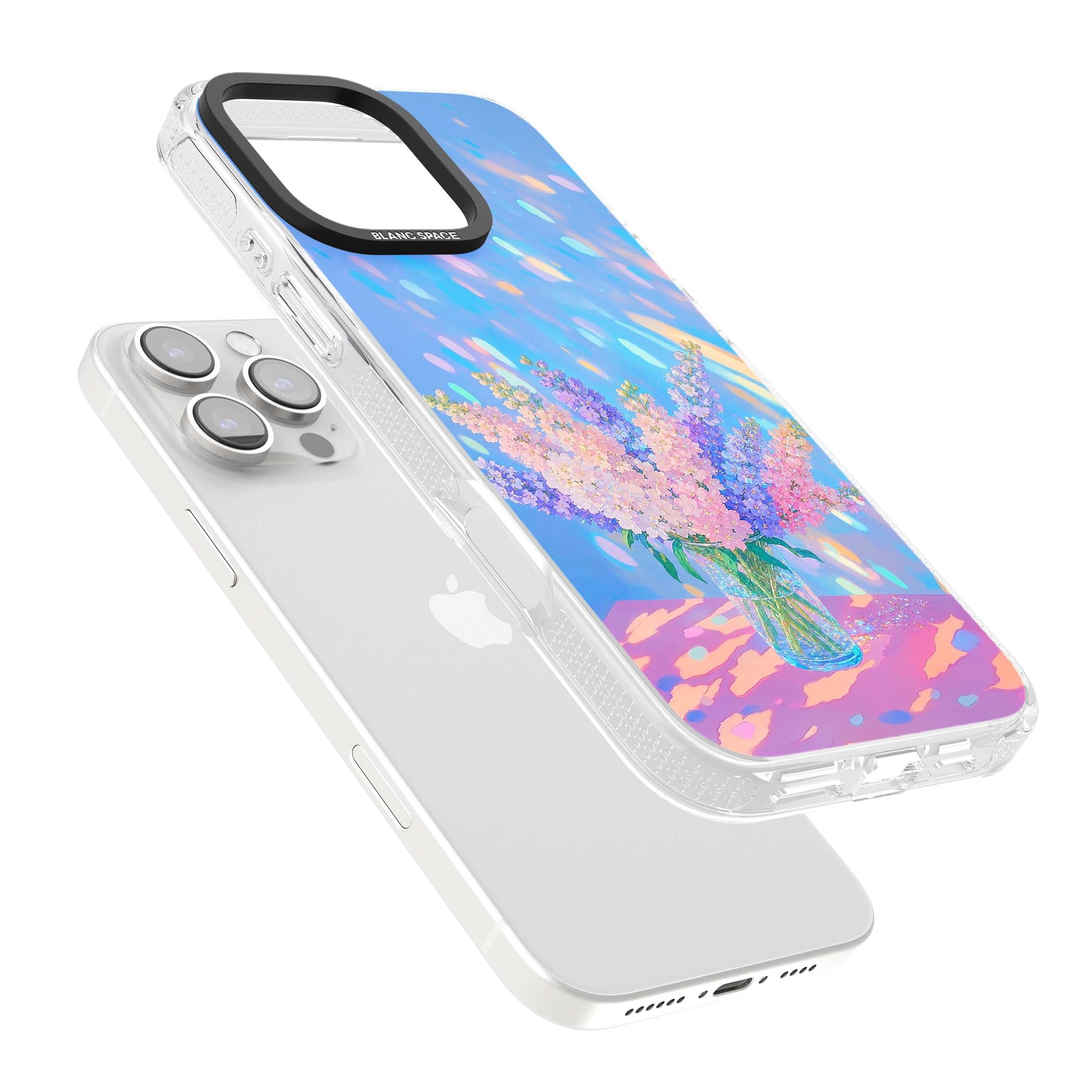Bubblegum Flowers floral iPhone case featuring pastel lilac and pink bouquet in a glass vase with iridescent light | Clear Case Impact Air case for iPhone 16 Pro, iPhone 16 Pro Max