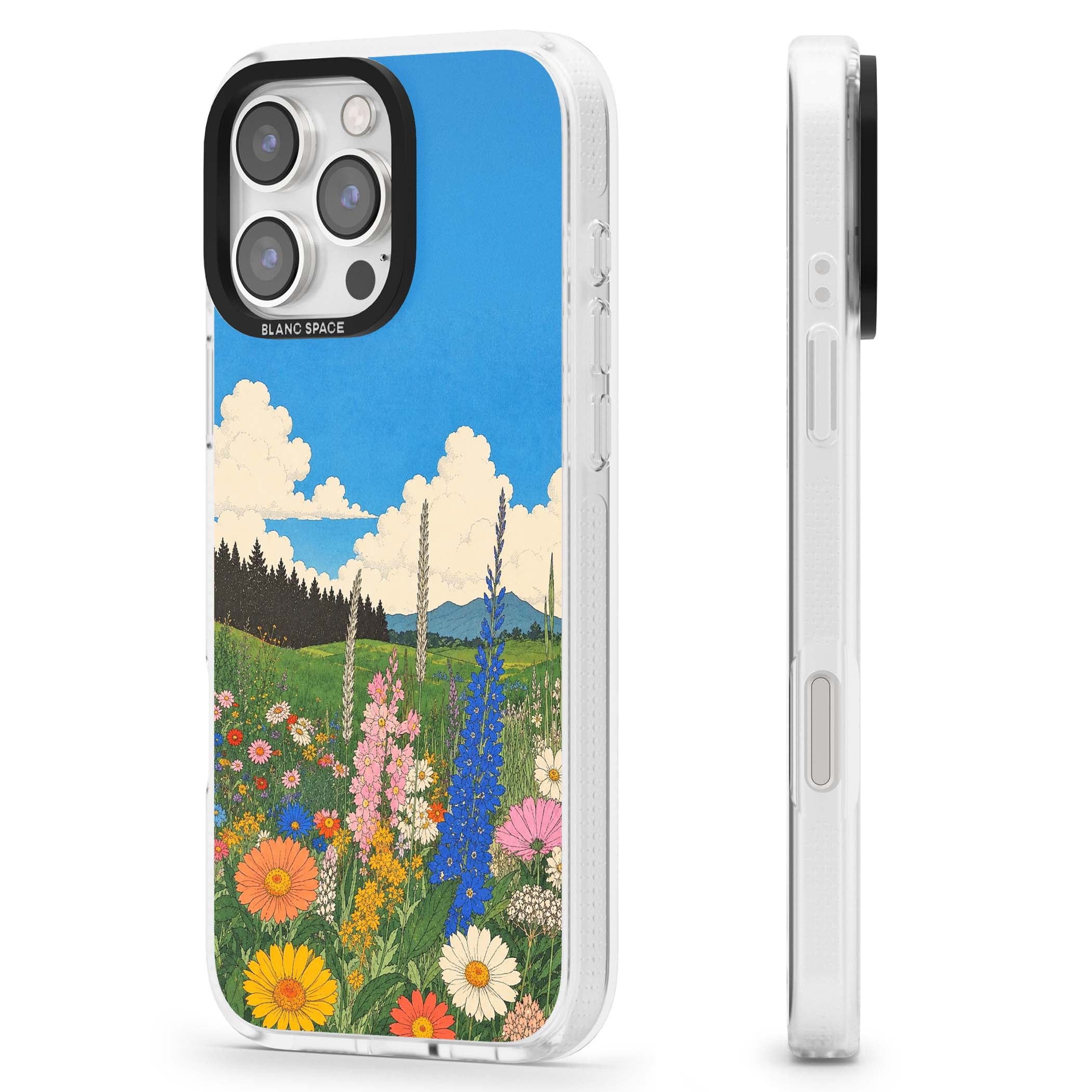 Wildbloom wildflower iPhone case featuring a vintage Japanese-style meadow landscape with daisies, delphiniums and moun | Clear Case Impact Air case for iPhone 16 Pro, iPhone 16 Pro Max