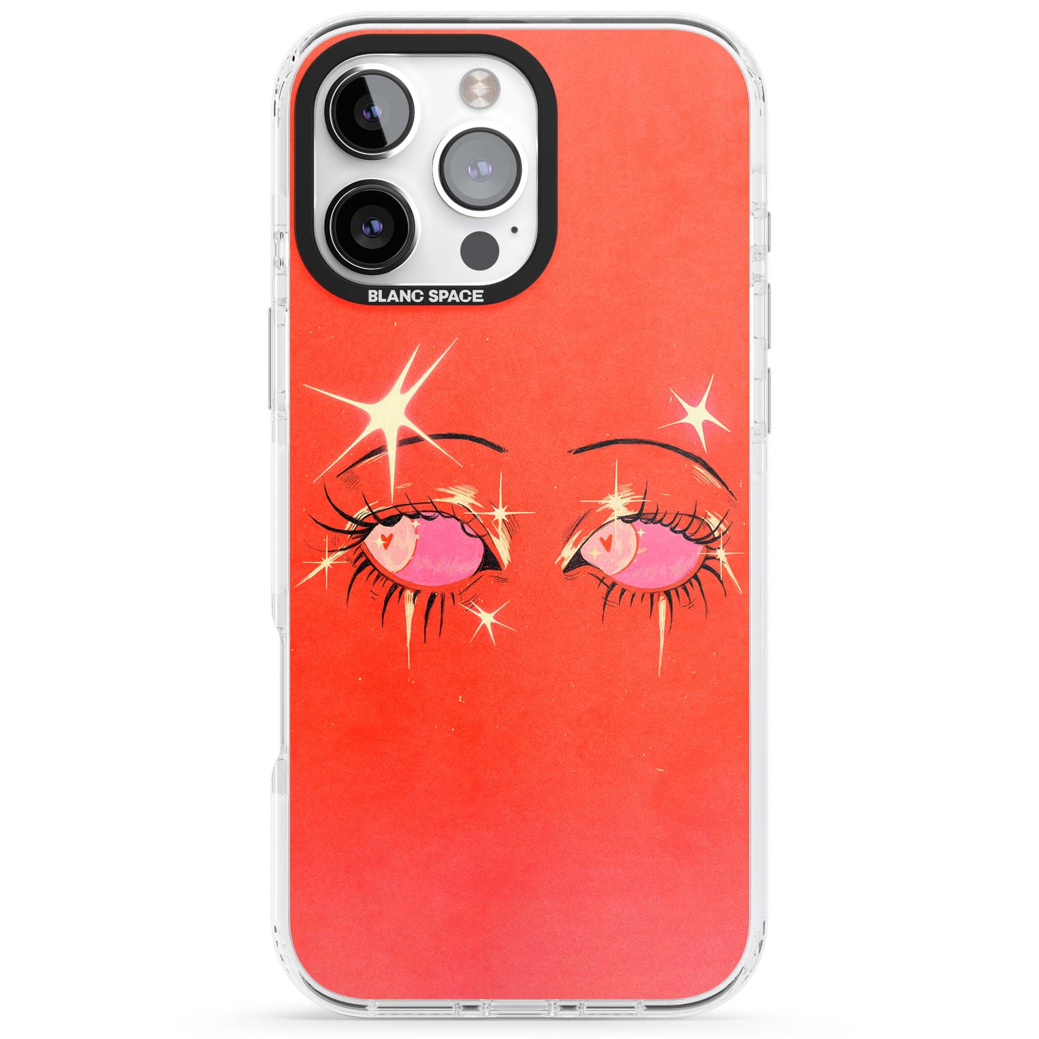 Pink Ethereal Eyes anime iPhone case featuring hand-drawn sparkly eyes with pink hearts and gold stars on red | Clear Impact case for iPhone 16 Pro, iPhone 16 Pro Max