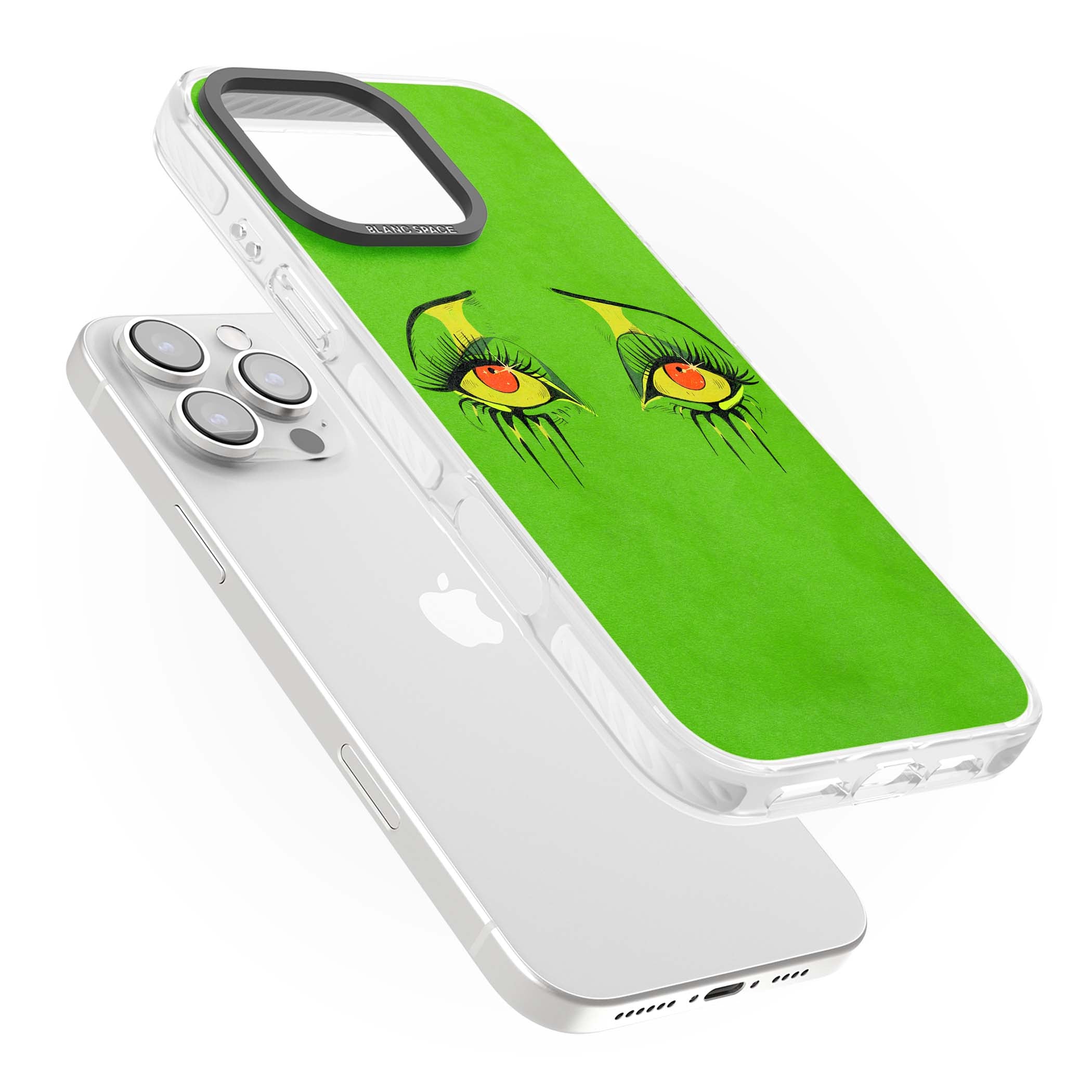 Green Enchanted Eyes psychedelic art iPhone case featuring hand-drawn dripping eyes on neon green background | Clear Impact case for iPhone 16 Pro, iPhone 16 Pro Max