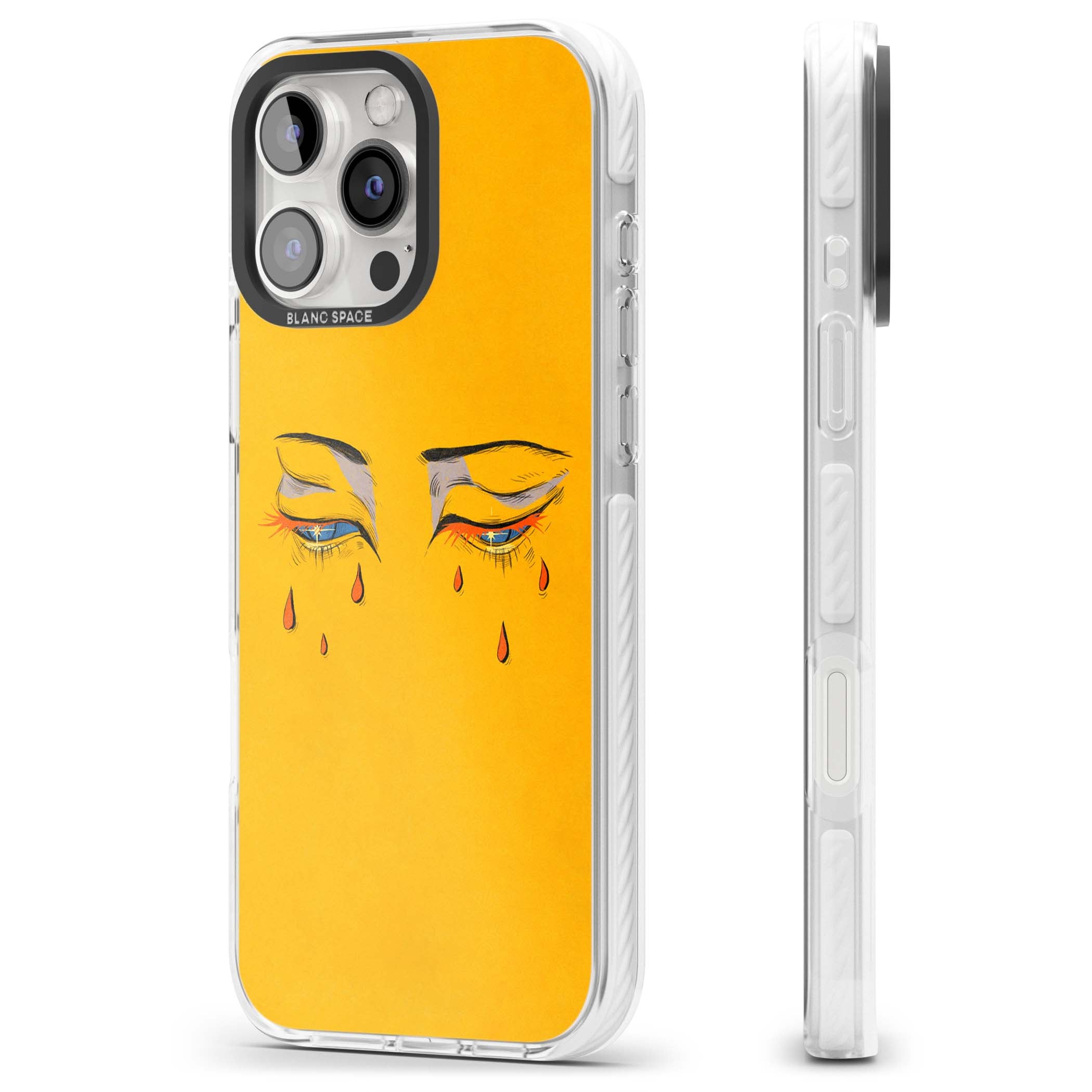 Yellow Tearful Eyes indie iPhone case featuring hand-drawn crying eyes with orange tears on a yellow background | Clear Impact case for iPhone 16 Pro, iPhone 16 Pro Max