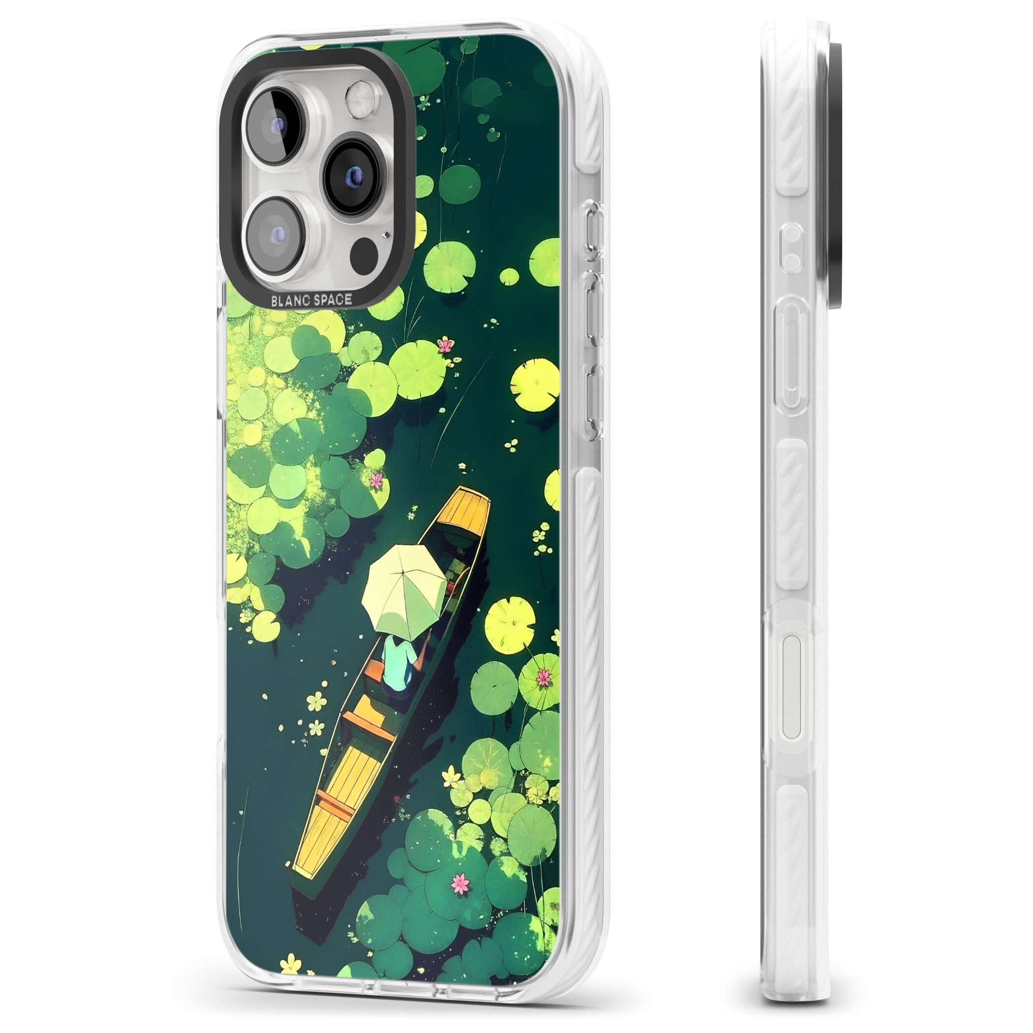 Jade Waters cottagecore iPhone case featuring a painted lily pond, wooden boat with parasol and floating water lilies | Clear Impact case for iPhone 16 Pro, iPhone 16 Pro Max