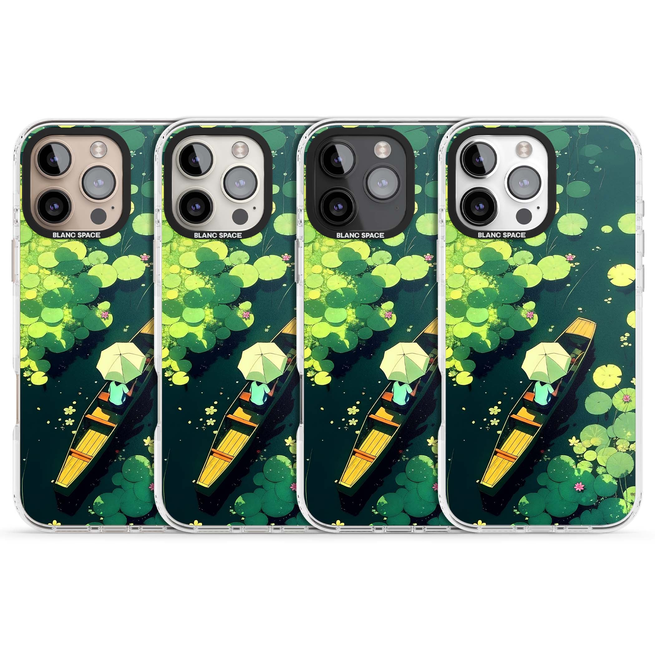 Jade Waters cottagecore iPhone case featuring a painted lily pond, wooden boat with parasol and floating water lilies | Clear Impact case for iPhone 16 Pro, iPhone 16 Pro Max
