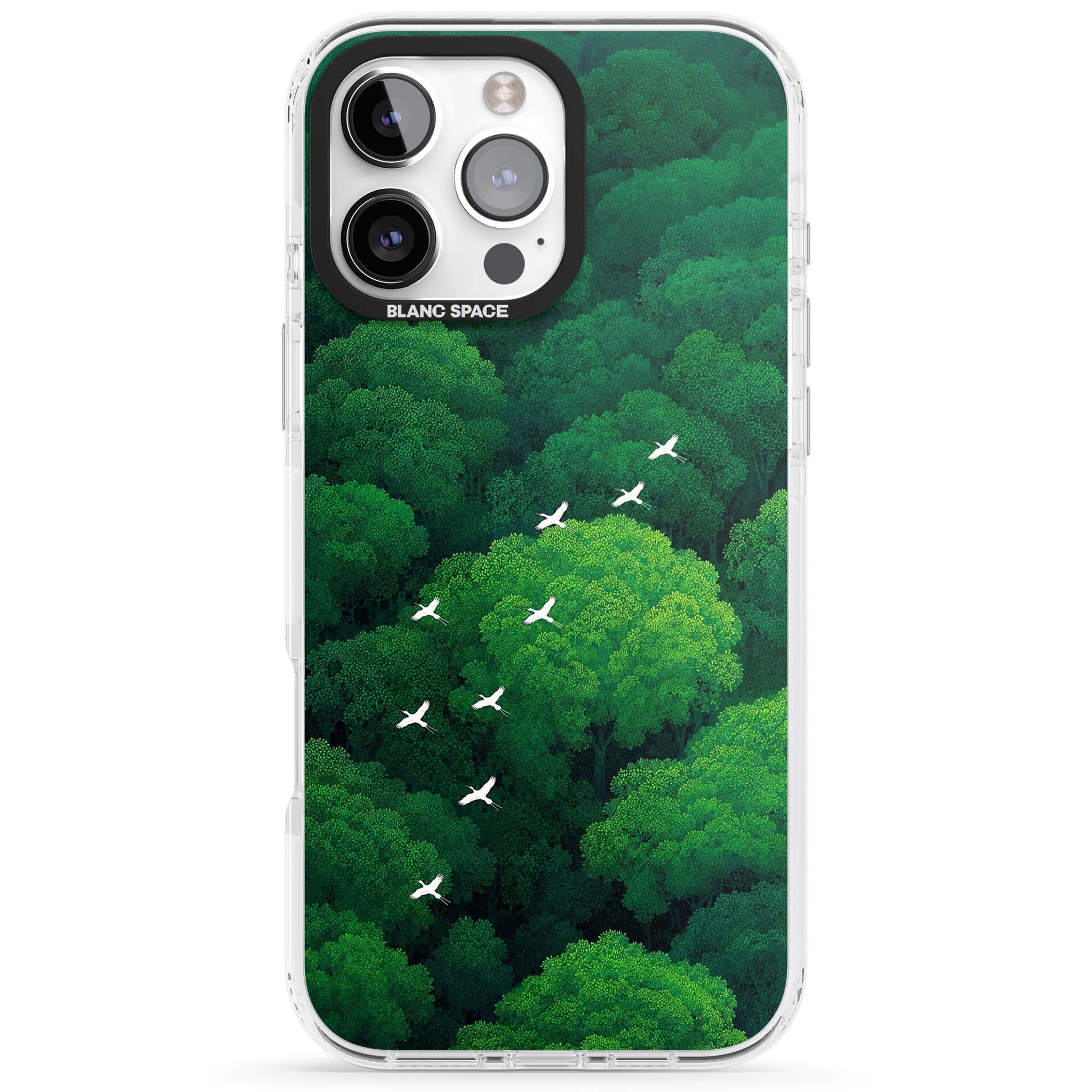 Grove Migration forest iPhone case featuring white cranes flying over lush green treetop canopy | Clear Impact case for iPhone 16 Pro, iPhone 16 Pro Max