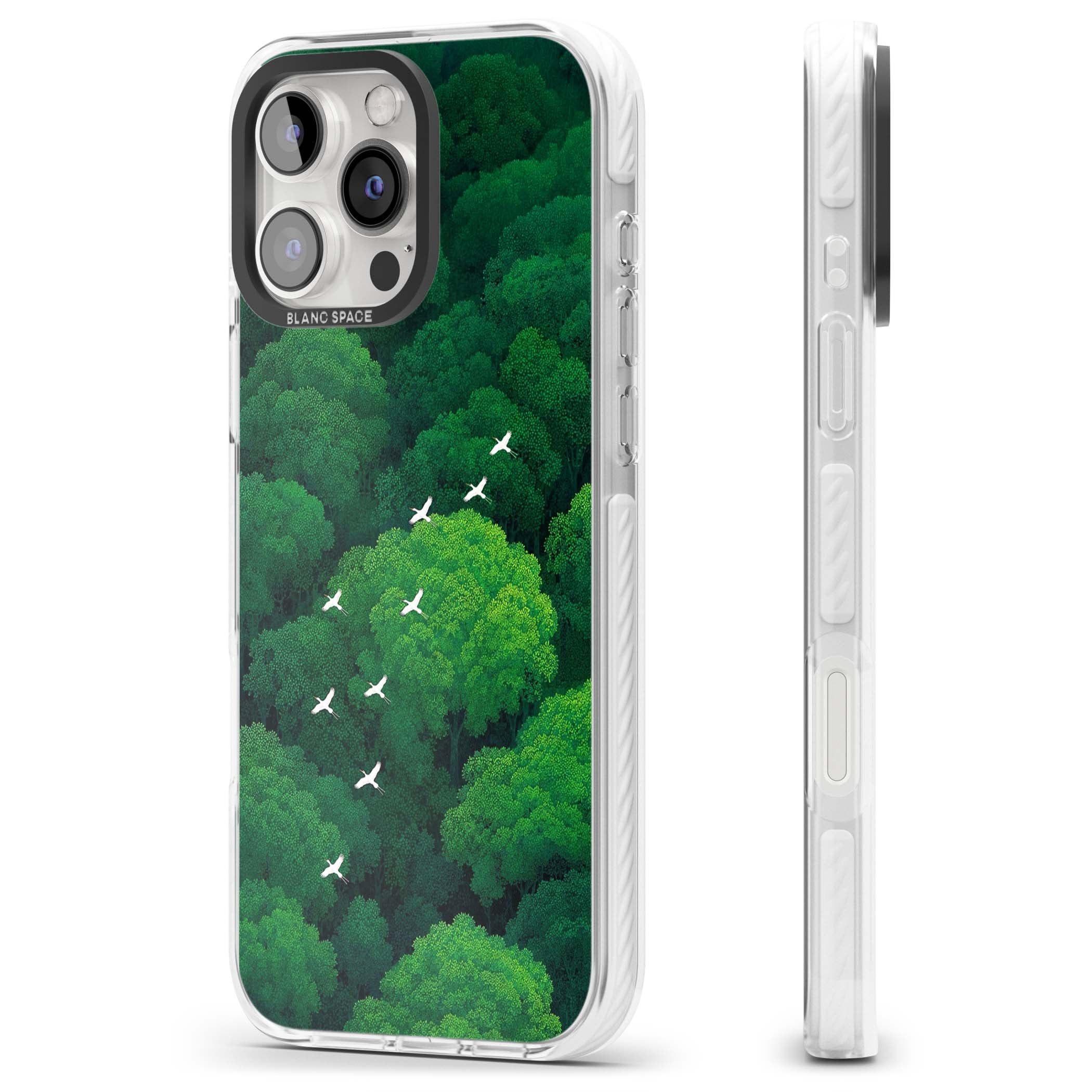 Grove Migration forest iPhone case featuring white cranes flying over lush green treetop canopy | Clear Impact case for iPhone 16 Pro, iPhone 16 Pro Max