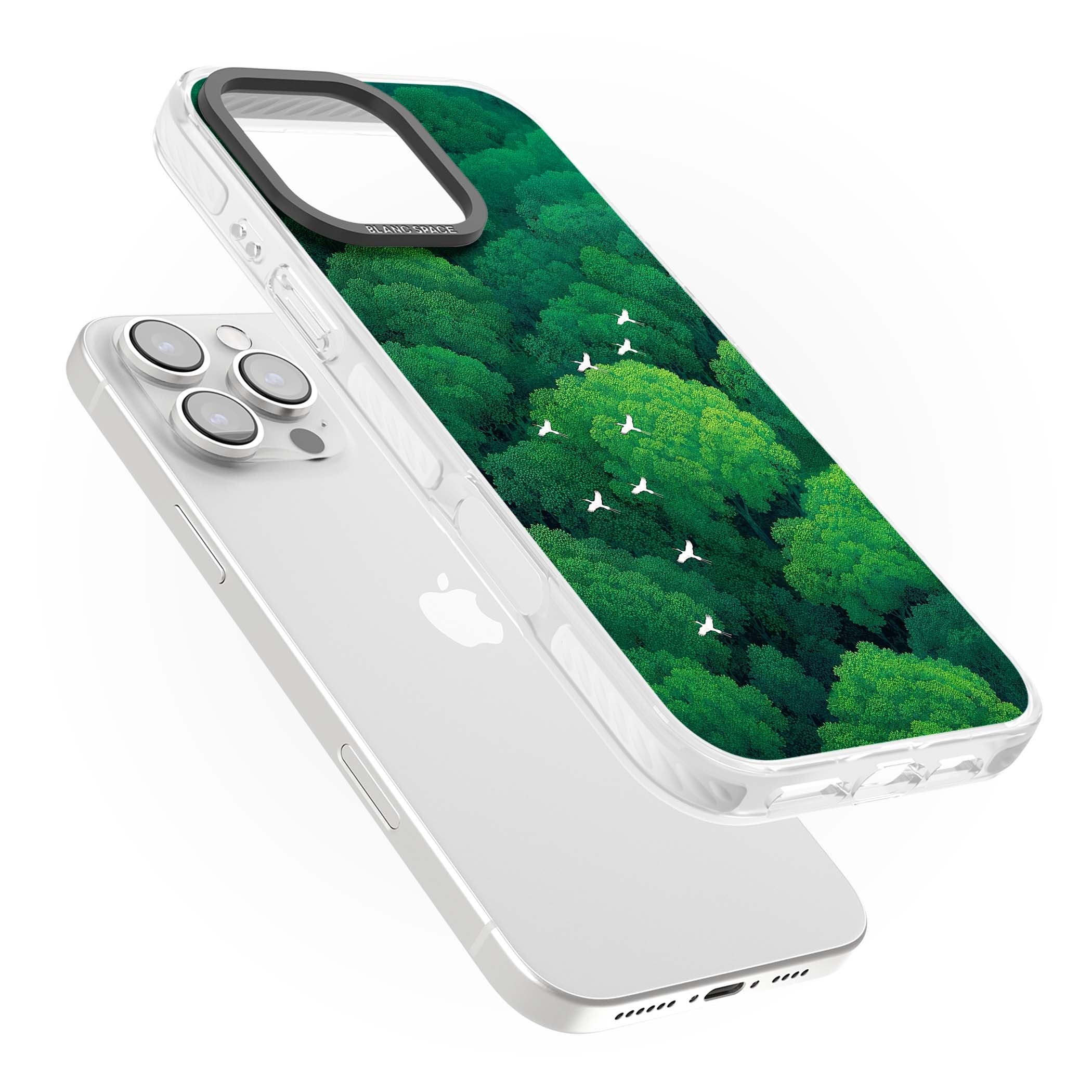 Grove Migration forest iPhone case featuring white cranes flying over lush green treetop canopy | Clear Impact case for iPhone 16 Pro, iPhone 16 Pro Max