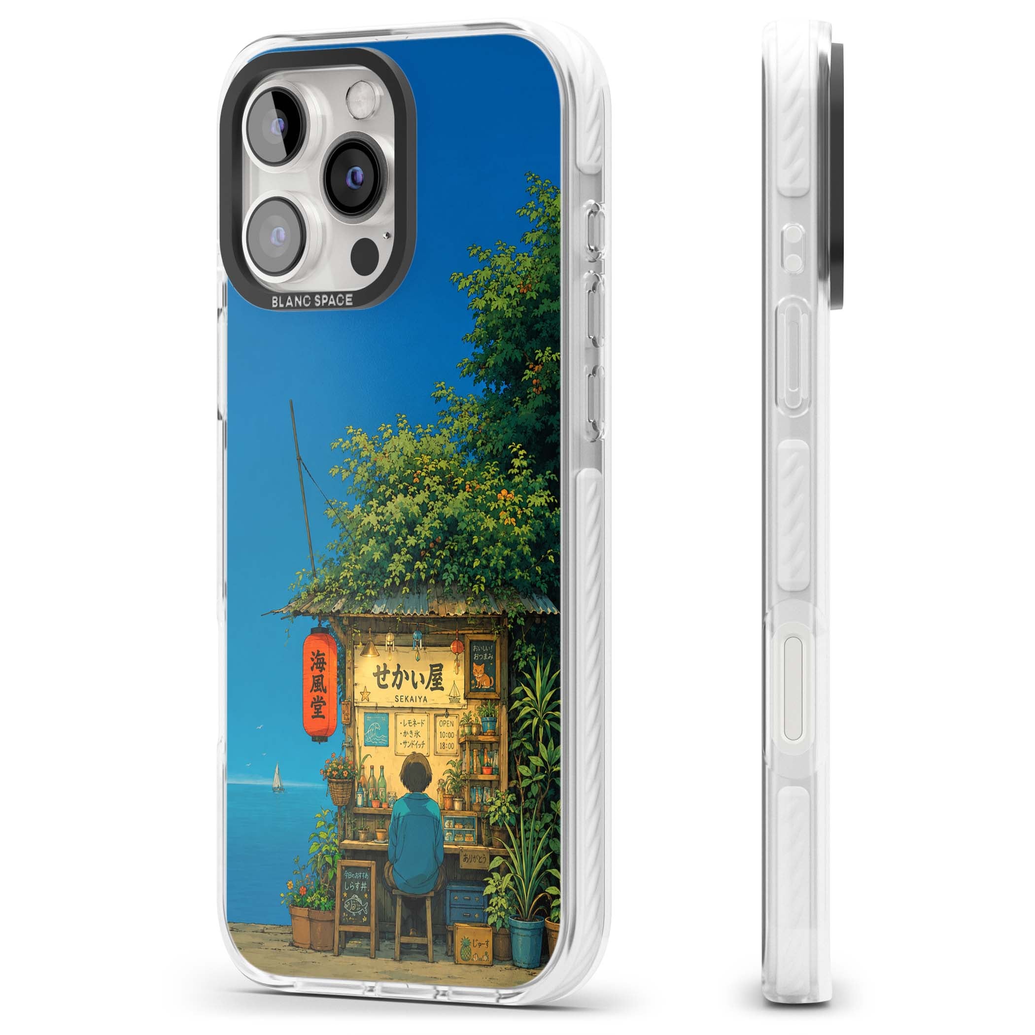 The Shirahama Kiosk anime iPhone case featuring a Japanese seaside shop, red paper lantern and ocean view | Clear Impact case for iPhone 16 Pro, iPhone 16 Pro Max