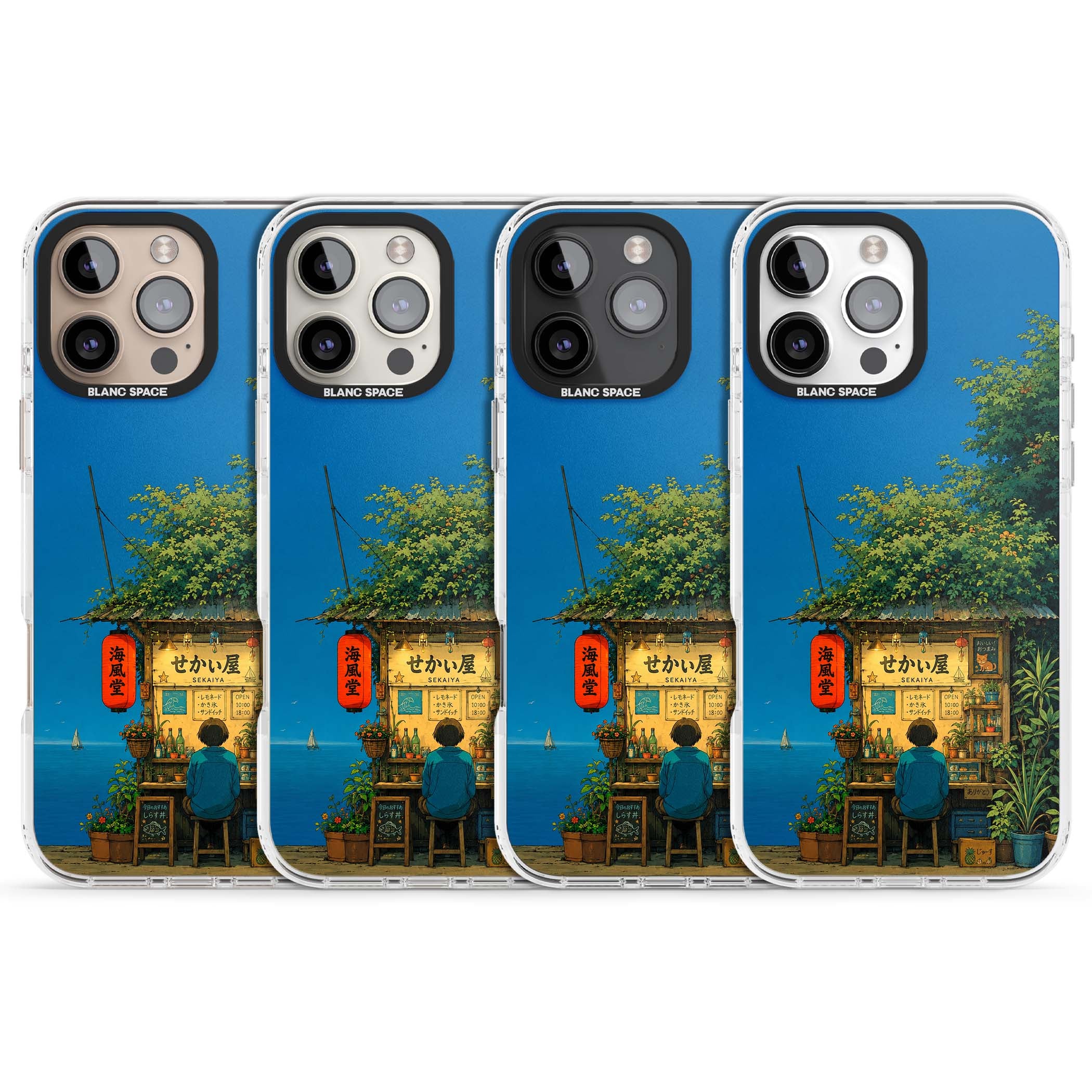 The Shirahama Kiosk anime iPhone case featuring a Japanese seaside shop, red paper lantern and ocean view | Clear Impact case for iPhone 16 Pro, iPhone 16 Pro Max